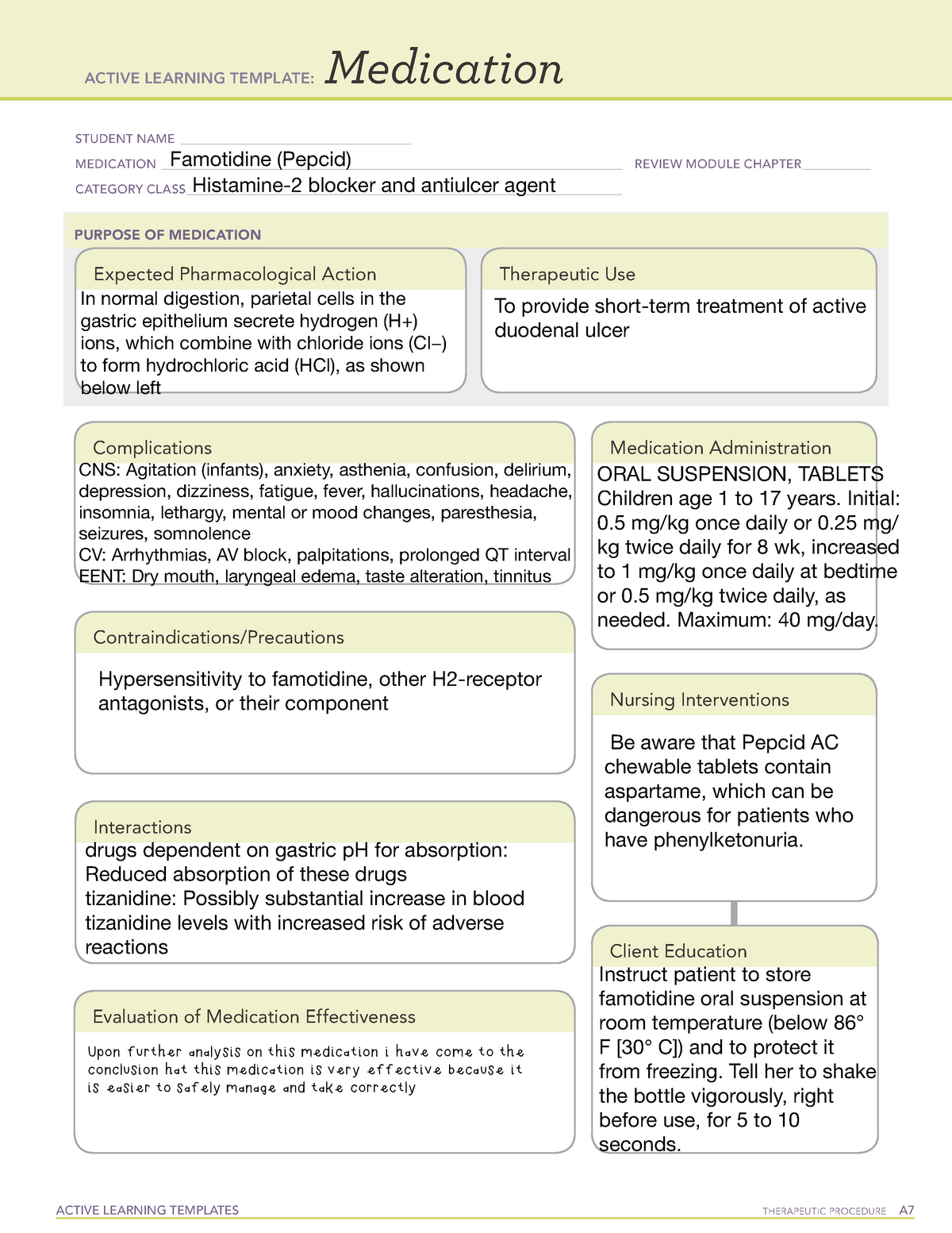 Famotidine (Pepcid) Med Map ACTIVE LEARNING TEMPLATES THERAPEUTIC