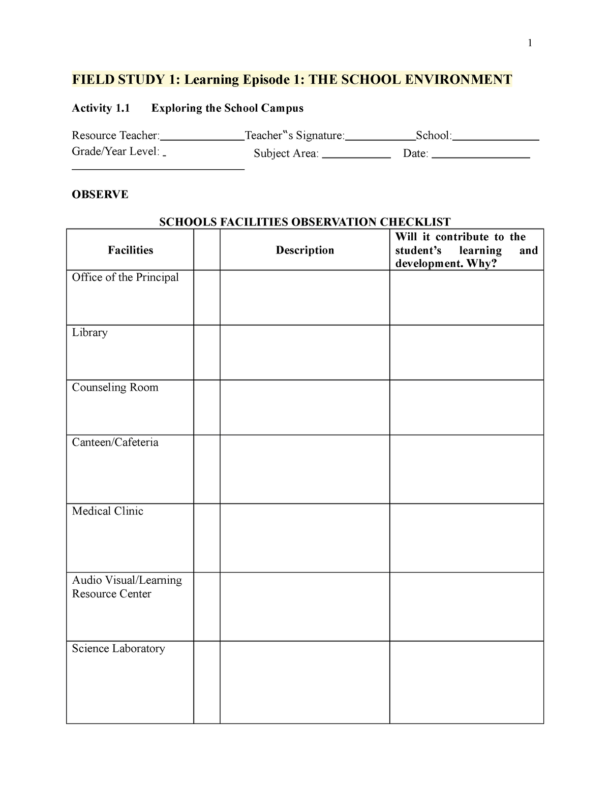 FS- Questions completed 10-6-21-1-11 - 1 FIELD STUDY 1: Learning ...