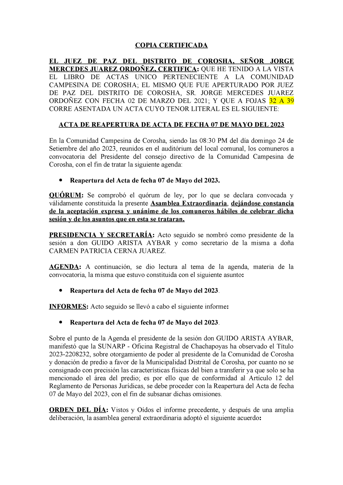 Copia Certificada DE Reapertura DE ACTA Corosha Imprimir 116 Firmas ...