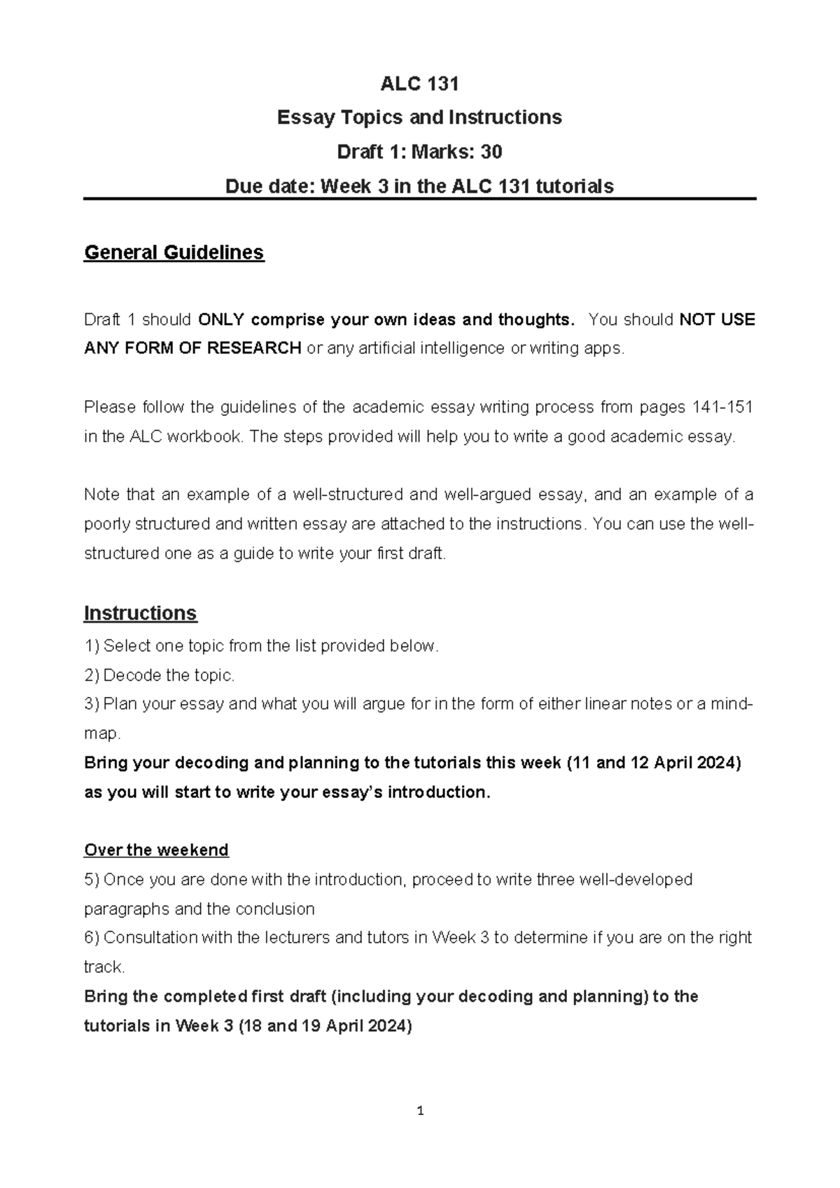 ALC 131 Essay Topics for the Academic Essay and Instructions, 10 April ...