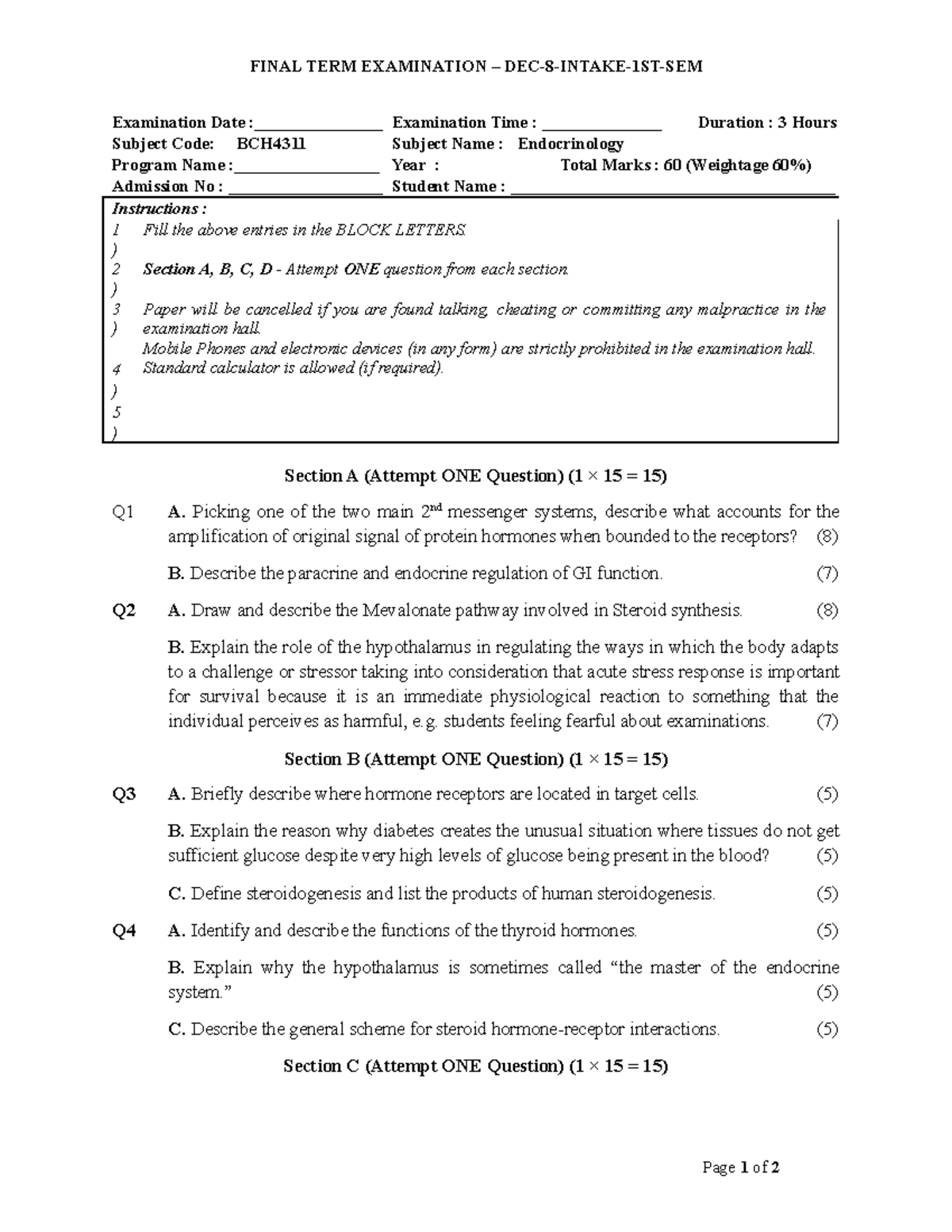 Final Exam - Endocrinology - FINAL TERM EXAMINATION – DEC-8-INTAKE-1ST ...