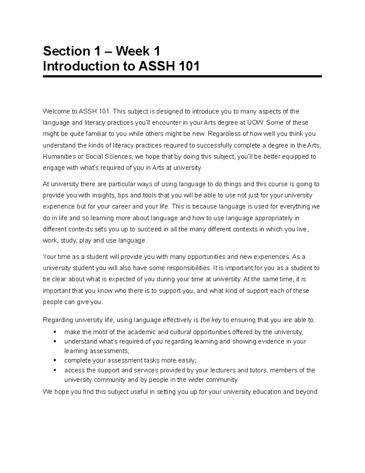 ASSH 101 Week 1 section of workbook Section 1 Week 1 Introduction
