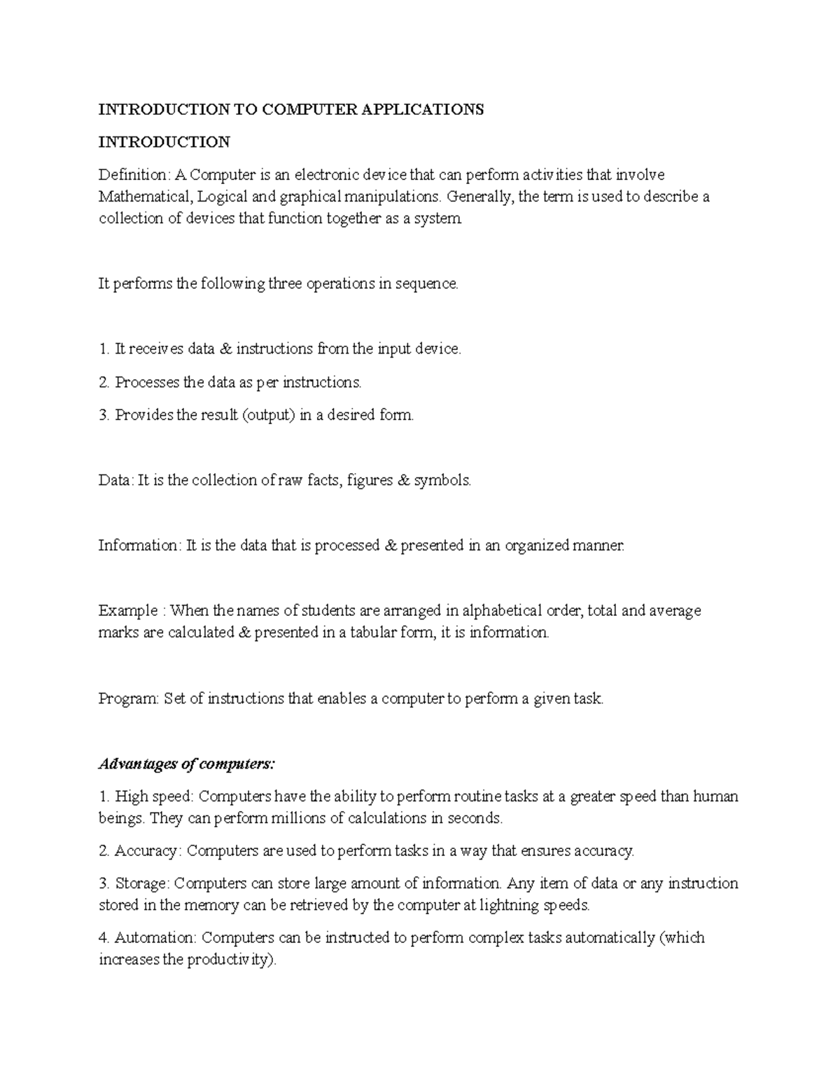 Notes - INTRODUCTION TO COMPUTER APPLICATIONS INTRODUCTION Definition ...