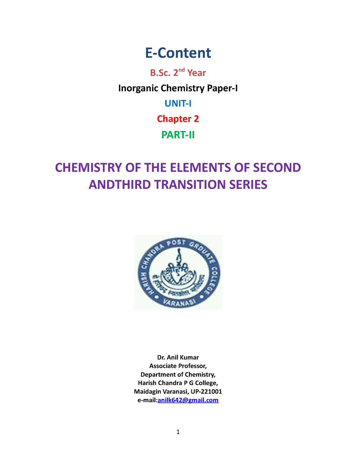 B.SC-II - Inorganic Chemistry- Paper-1 UNIT-1 Chapter-II-PART-II - E ...