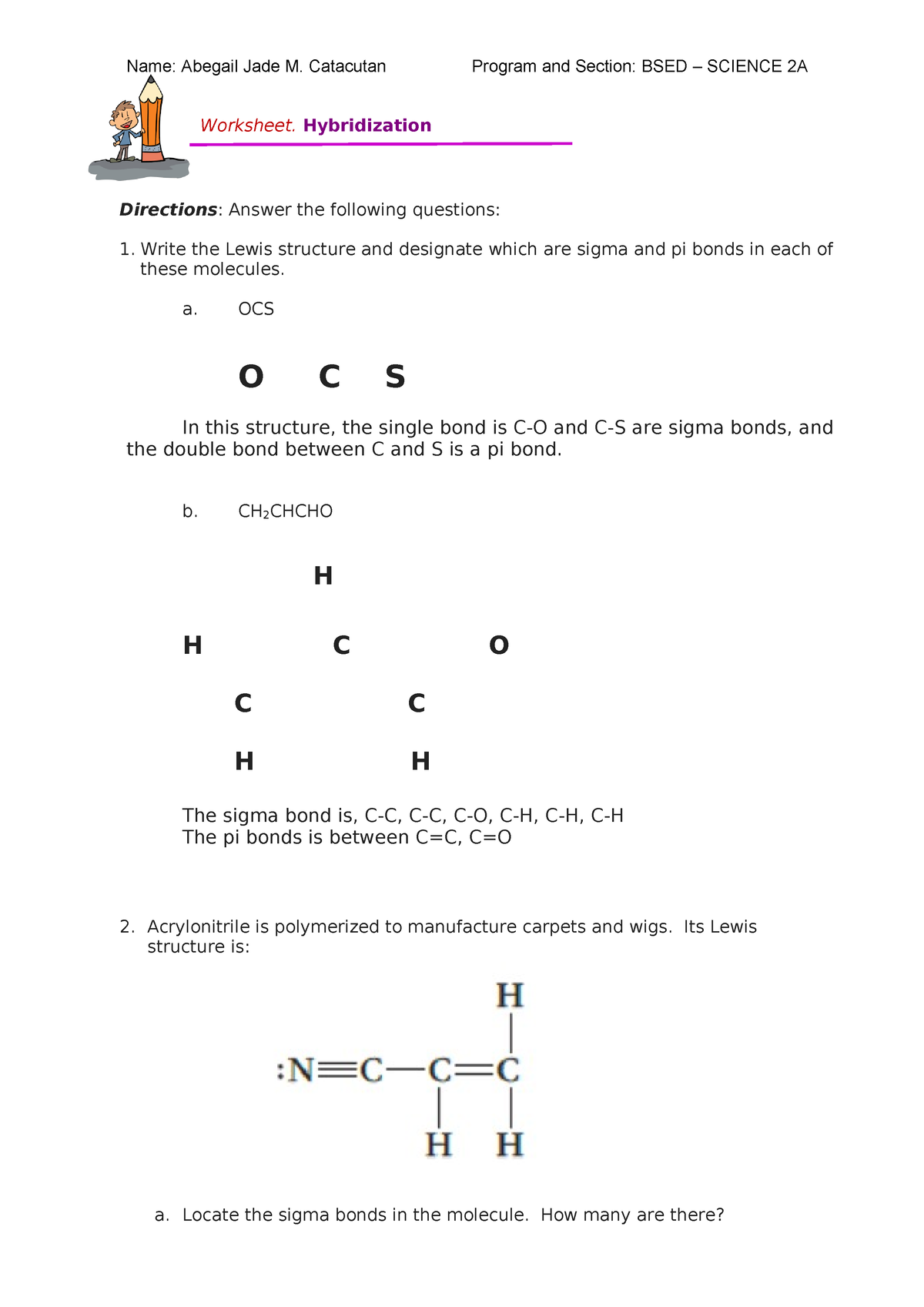 Worksheet Hybridization - Name: Abegail Jade M. Catacutan Program and ...