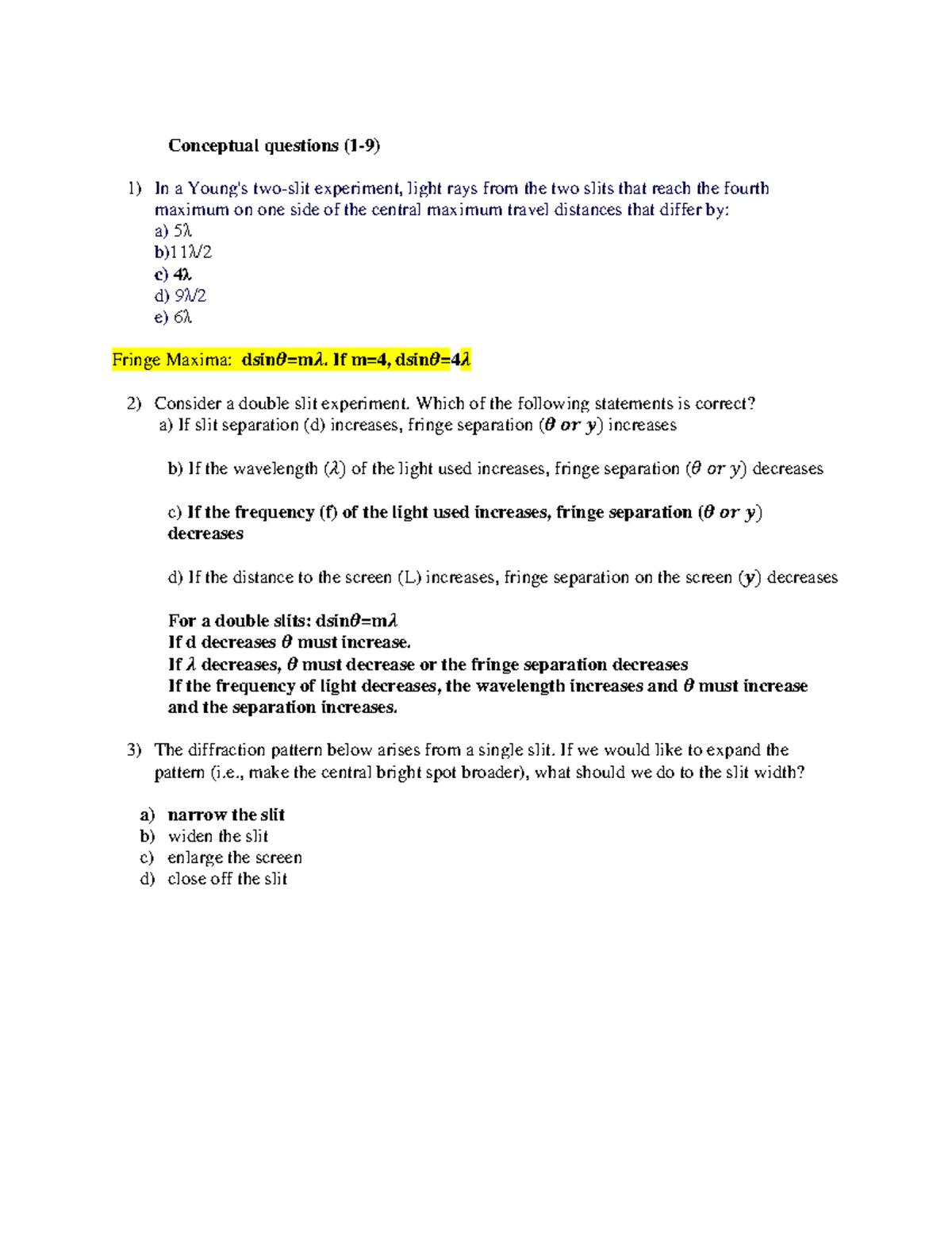 Exam 2 Practice Exam solution - Conceptual questions (1-9) In a Young's ...