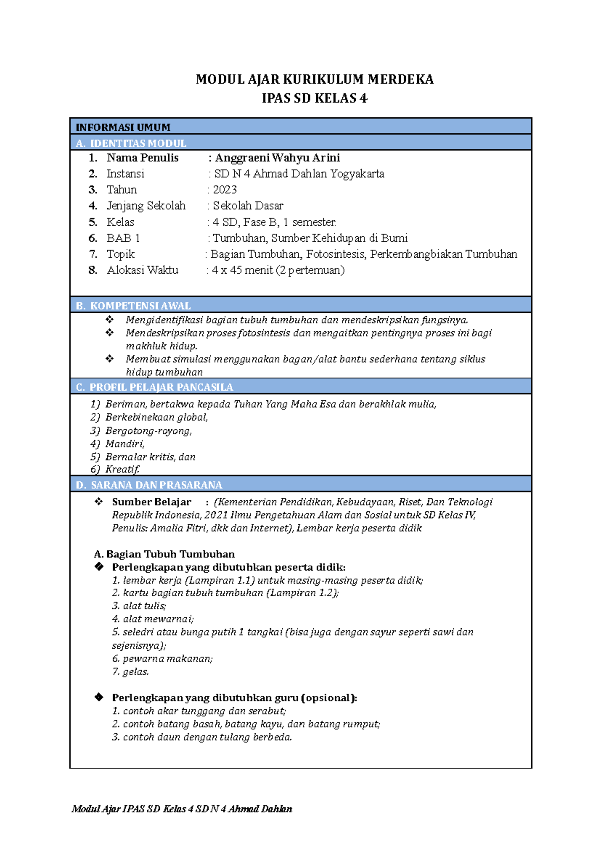 Modul ajar 2 - MODUL AJAR KURIKULUM MERDEKA IPAS SD KELAS 4 INFORMASI ...