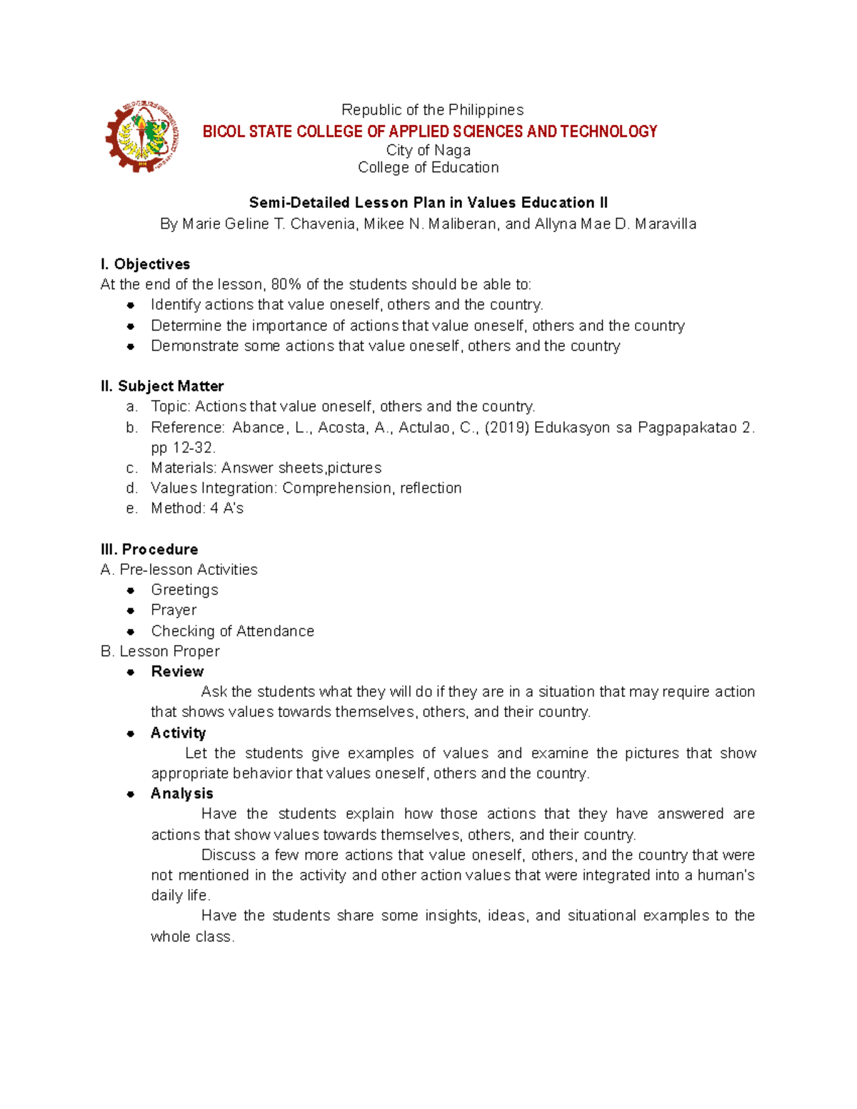 GMRC Semi-detailed Lesson Plan - Republic Of The Philippines BICOL ...