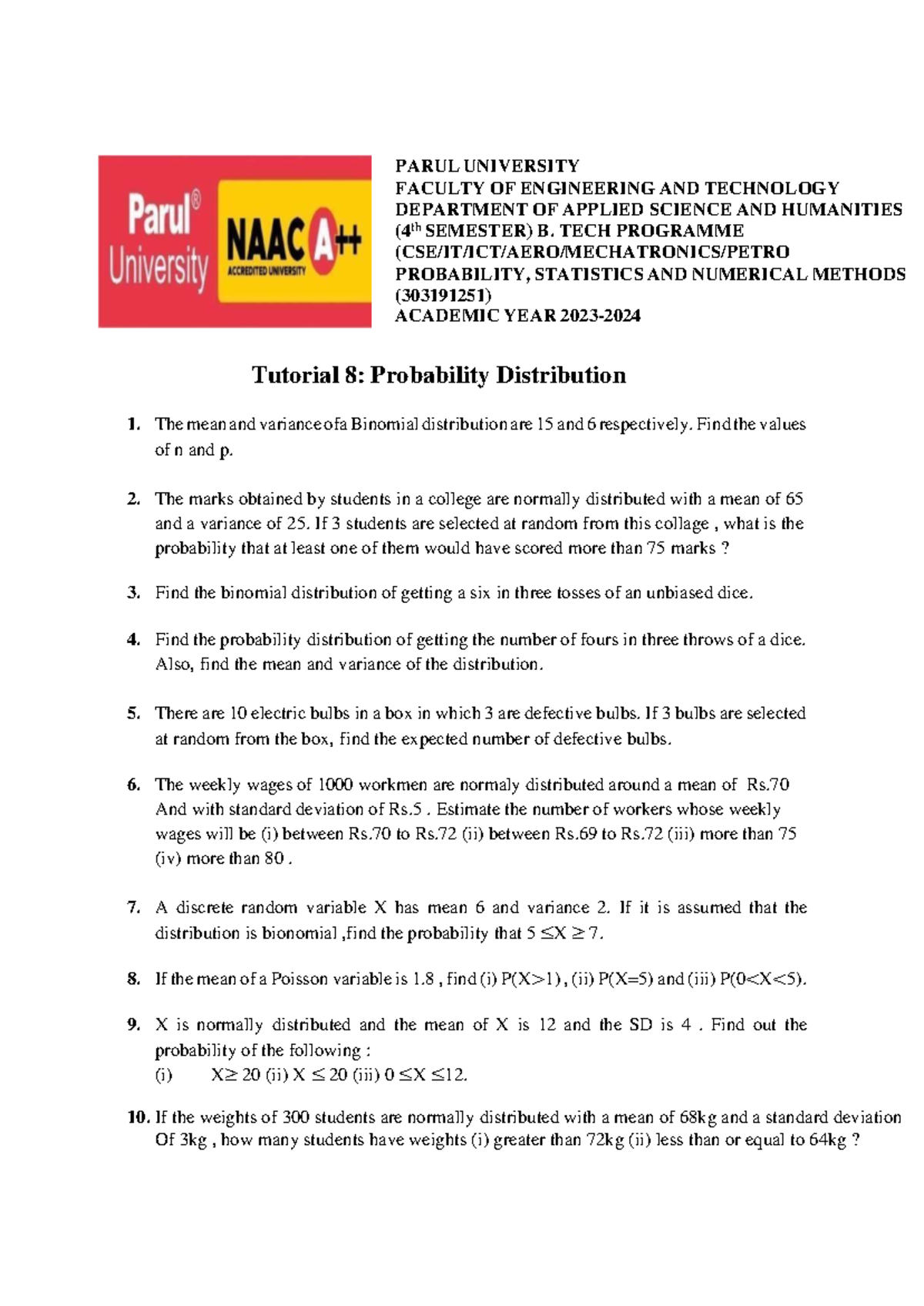 Tutorial 8 Probability distribution - PARUL UNIVERSITY FACULTY OF ...