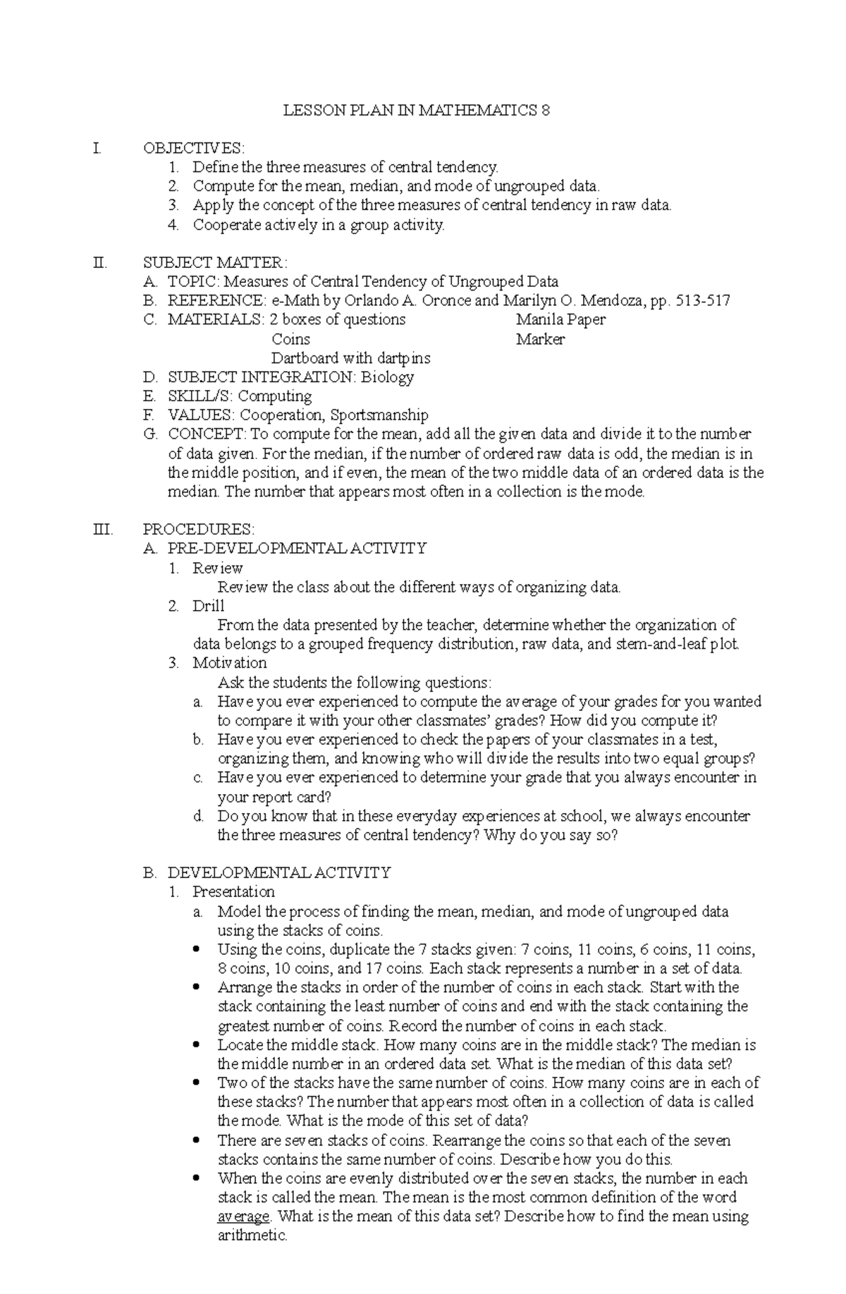 Lesson PLAN IN Mathematics 8 LESSON PLAN IN MATHEMATICS 8 I