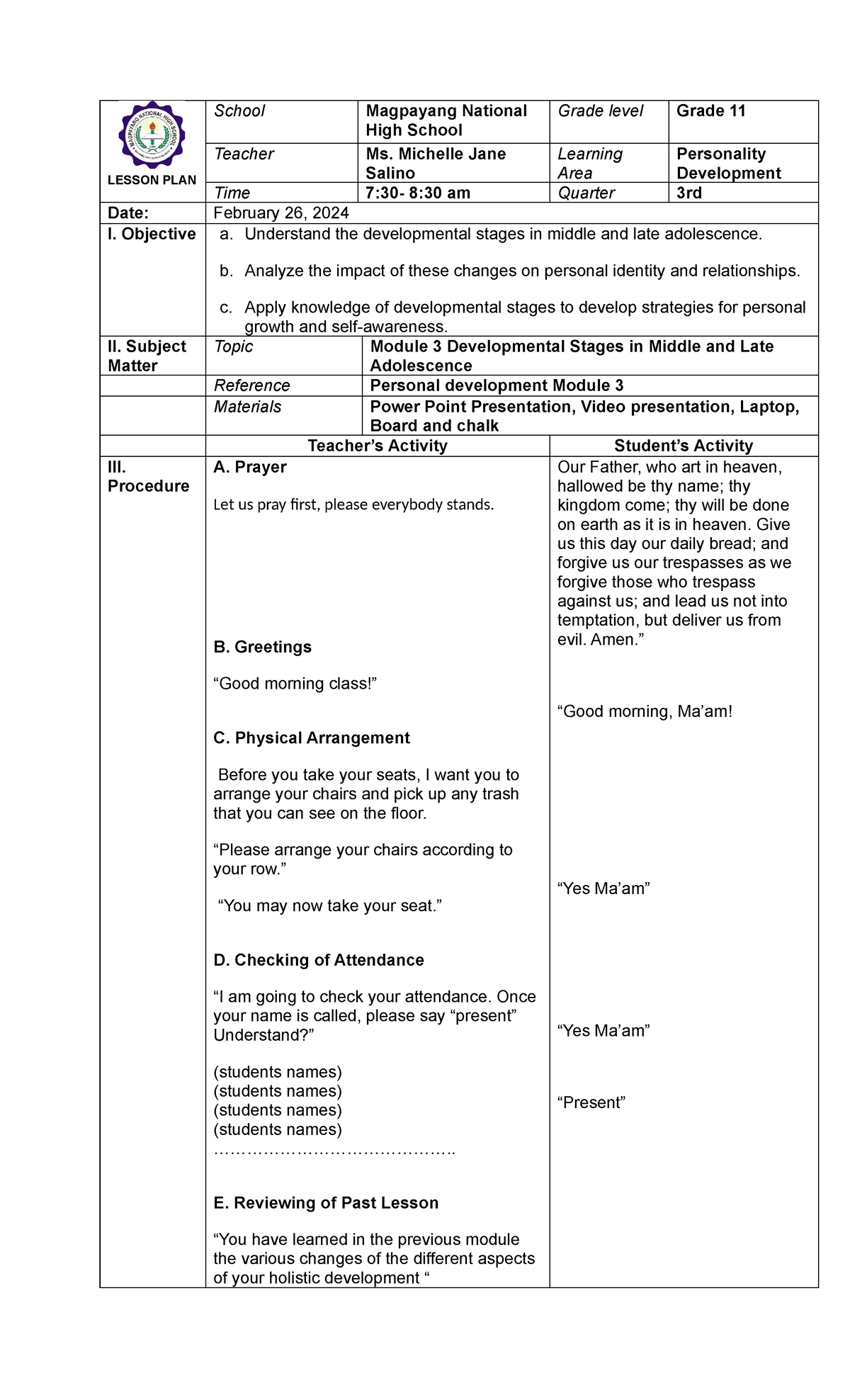 Perdev lesson plan - nice - LESSON PLAN School Magpayang National High ...