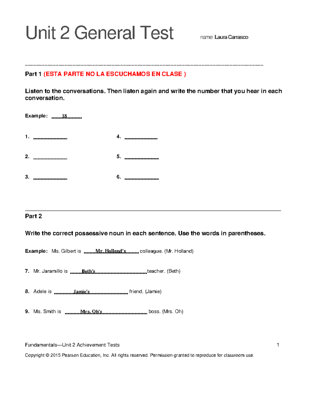Top Notch Fundamentals Unit 2 Assessment - Unit 2 General Test name ...