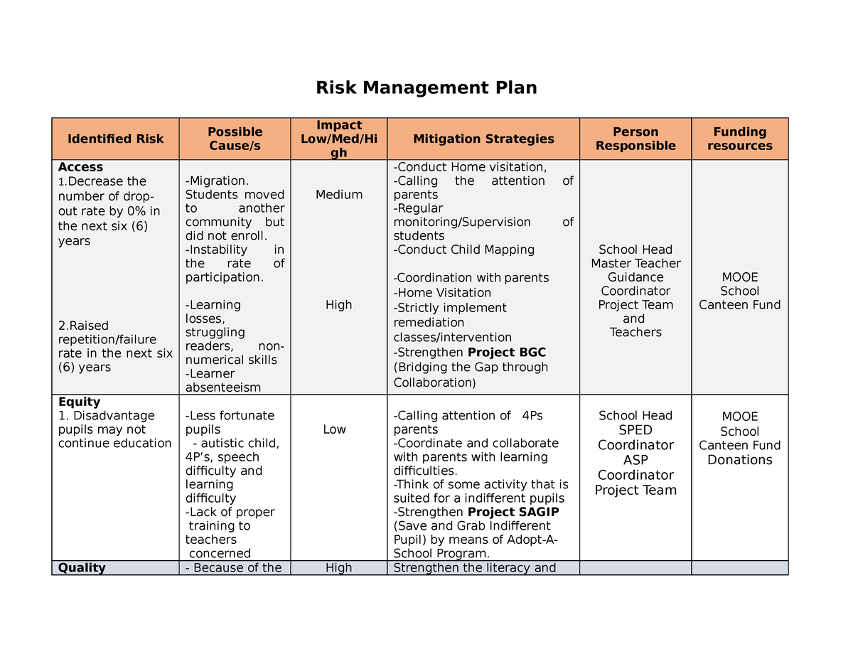 Tis Risk Management Plan Risk Management Plan Identified Risk Possible Causes Impact Lowmed 9926