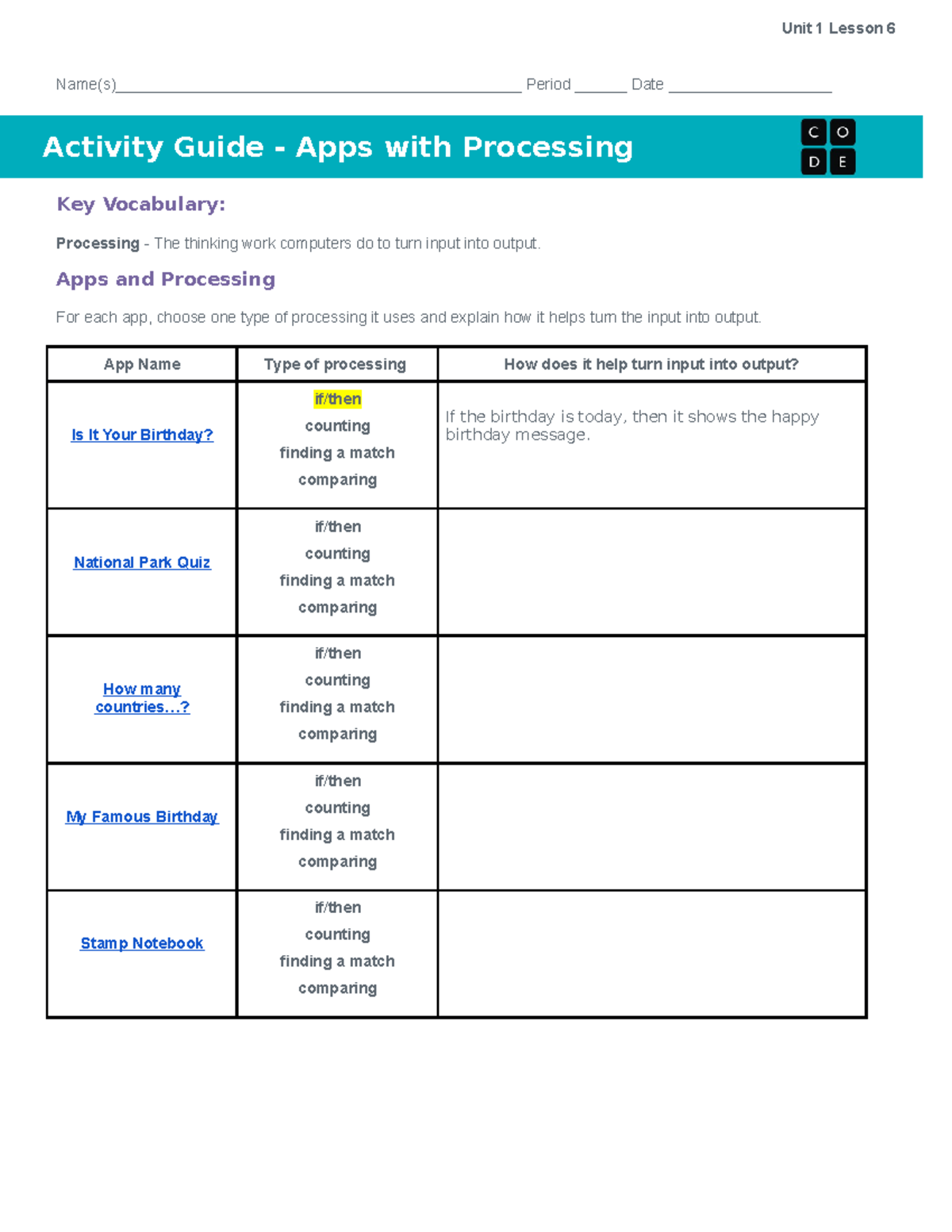 U1L06 Activity Guide Apps with Processing Unit 1 Lesson 6 Studocu