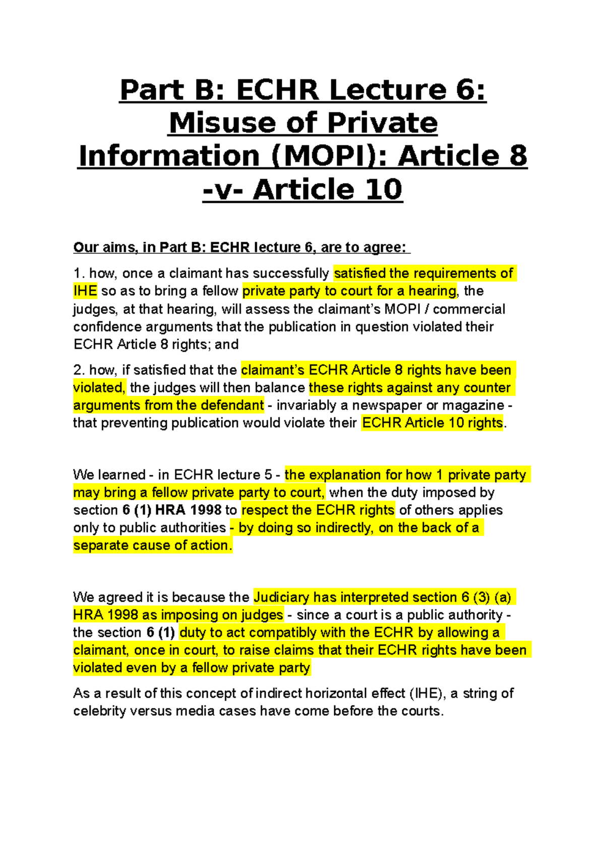 Part B (MOPI) Article 8 V Article 10 - Part B: ECHR Lecture 6: Misuse ...