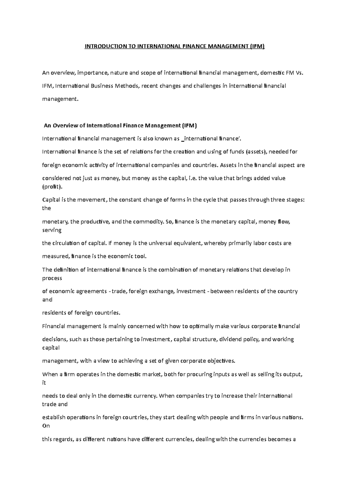 Ifm 1 - Summary note - INTRODUCTION TO INTERNATIONAL FINANCE MANAGEMENT ...