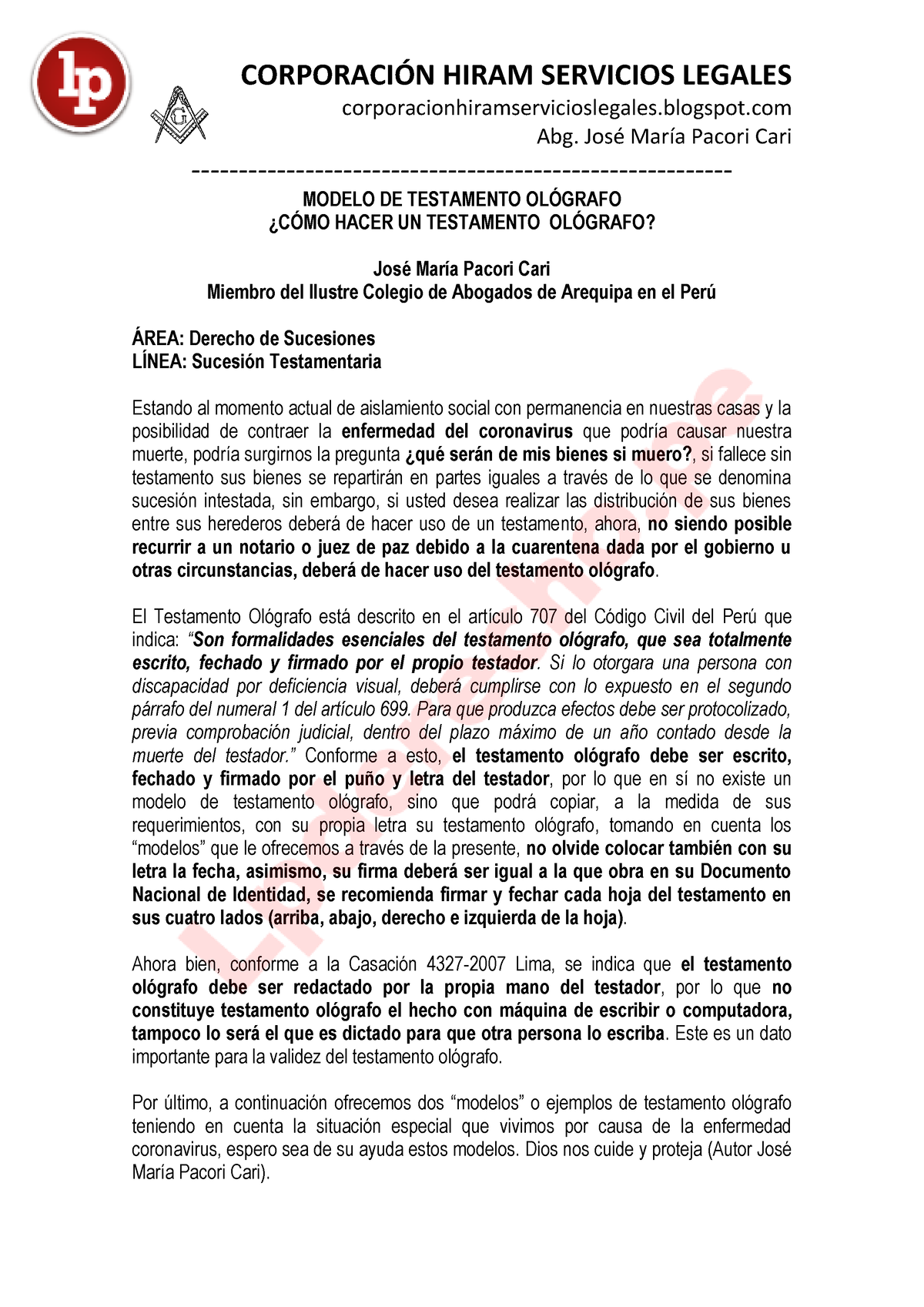 Modelo de testamento olografo LP - CORPORACI”N HIRAM SERVICIOS LEGALES -  Studocu