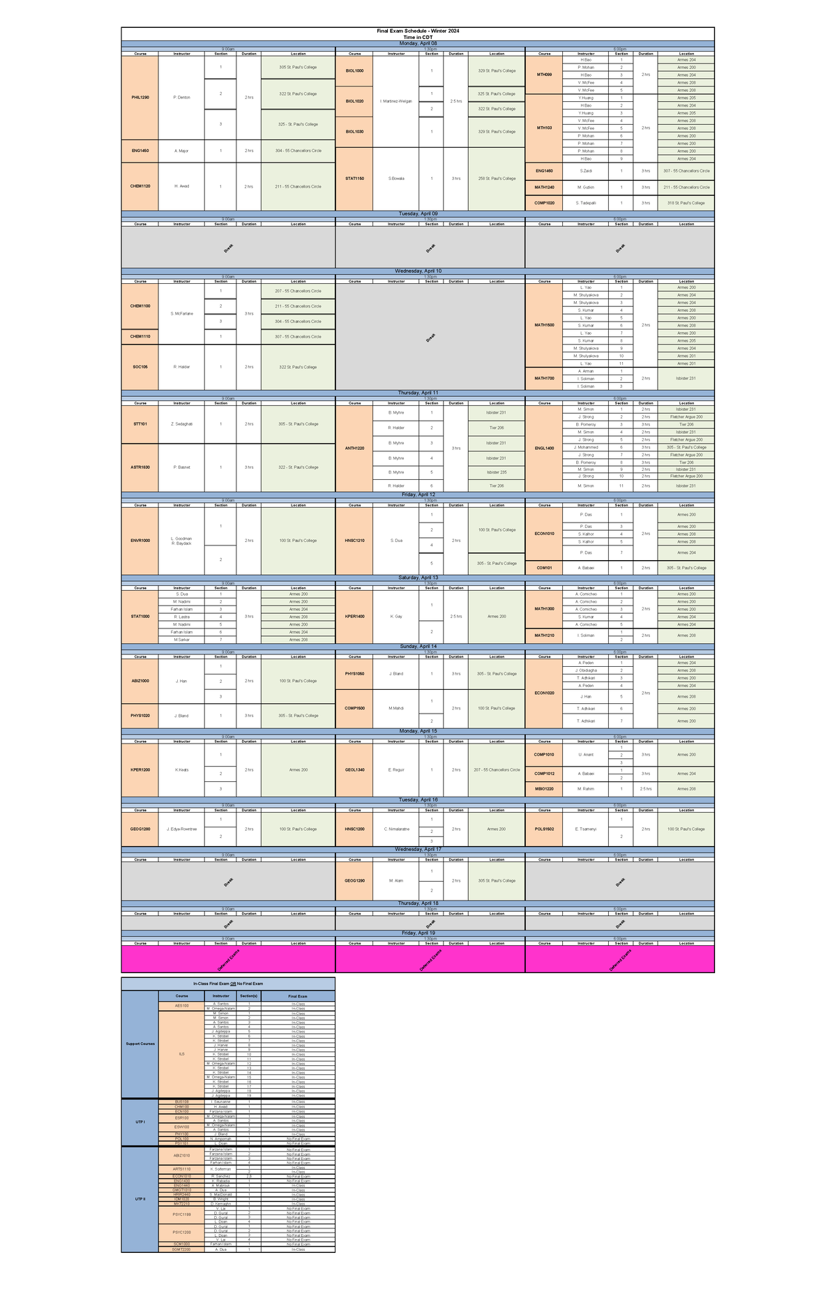 Final Exam Schedule Winter 202401 Portal Course Instructor