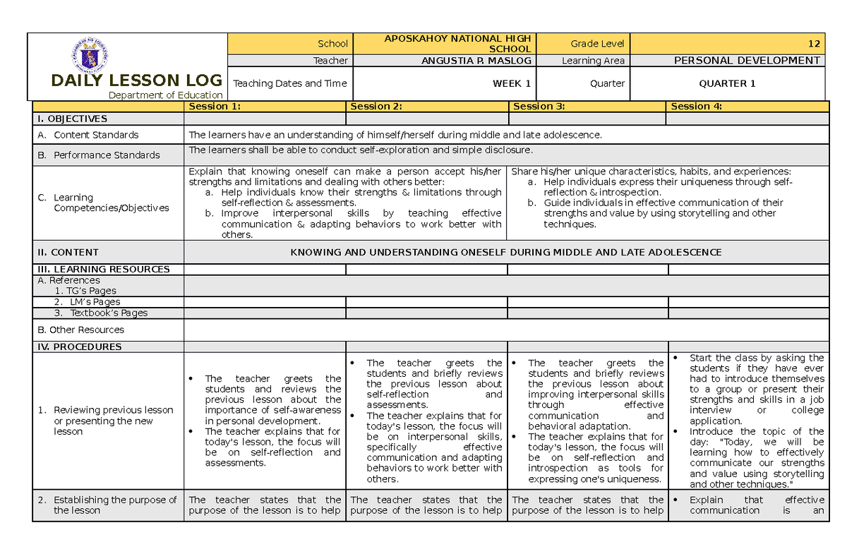 Perdev Q1 WEEK1 - DLL - DAILY LESSON LOG Department of Education School ...