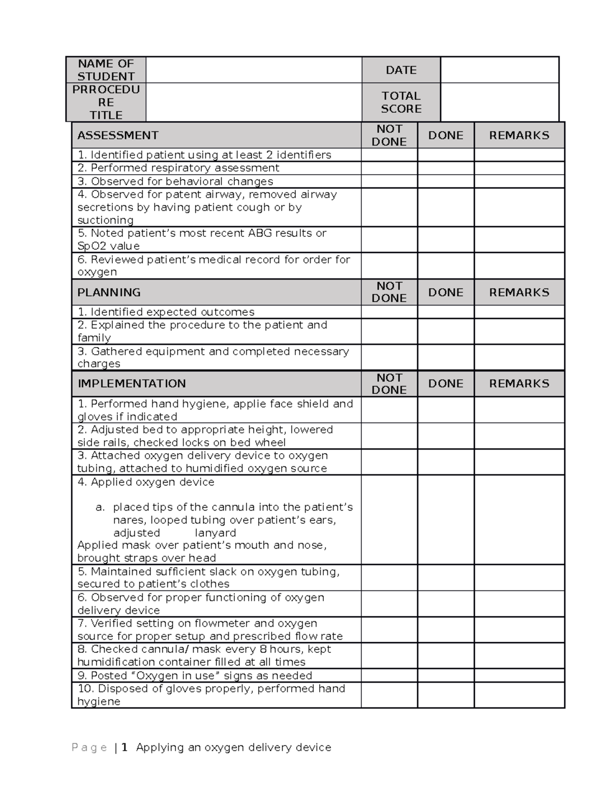 1. Oxygenation - wwwwwee - NAME OF STUDENT DATE PRROCEDU RE TITLE TOTAL ...