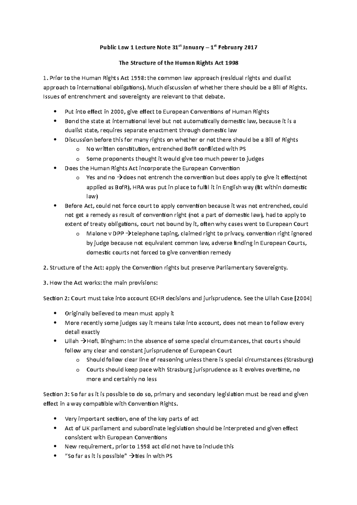 Human Rights Act - Lecture notes 17 - Public Law 1 Lecture Note 31st ...