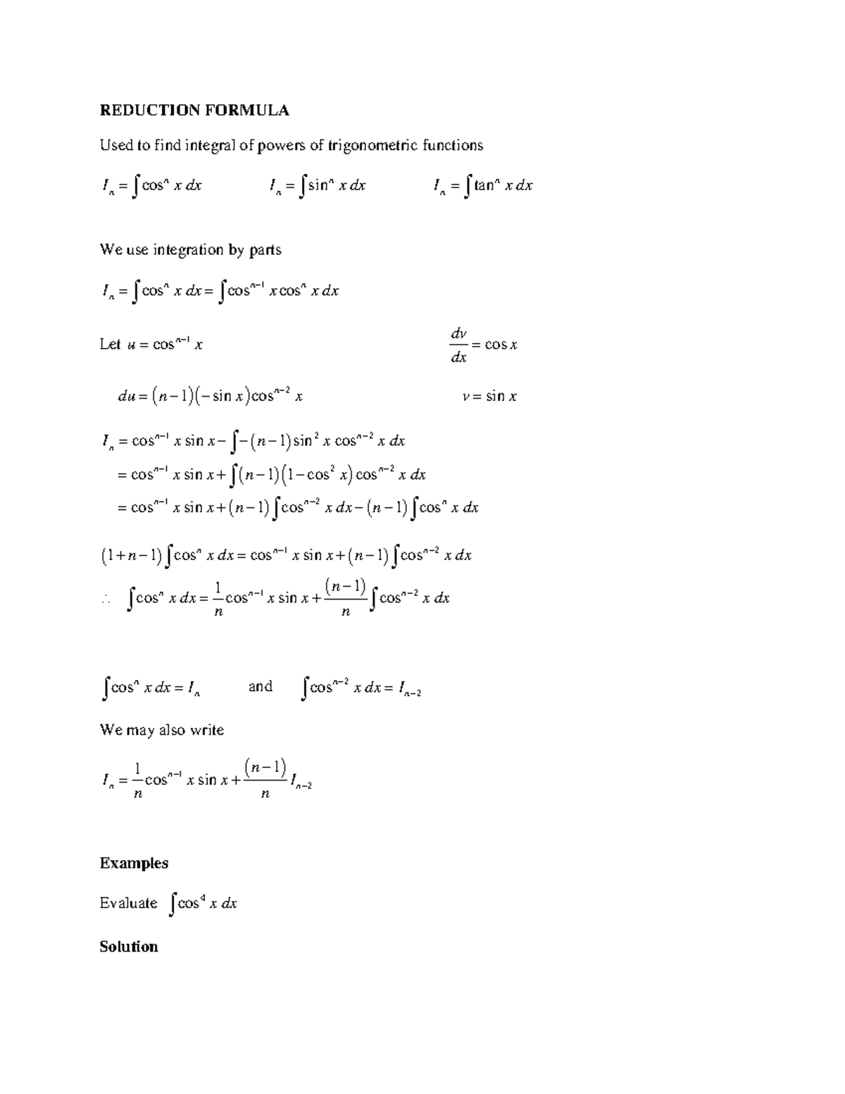 Numerical Integration and Reduction Formula - REDUCTION FORMULA Used to ...