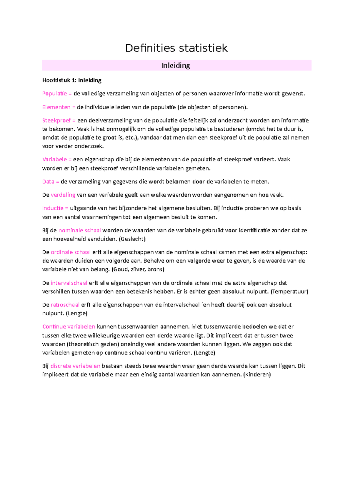 Definities Statistiek - Definities Statistiek Inleiding Hoofdstuk 1 ...