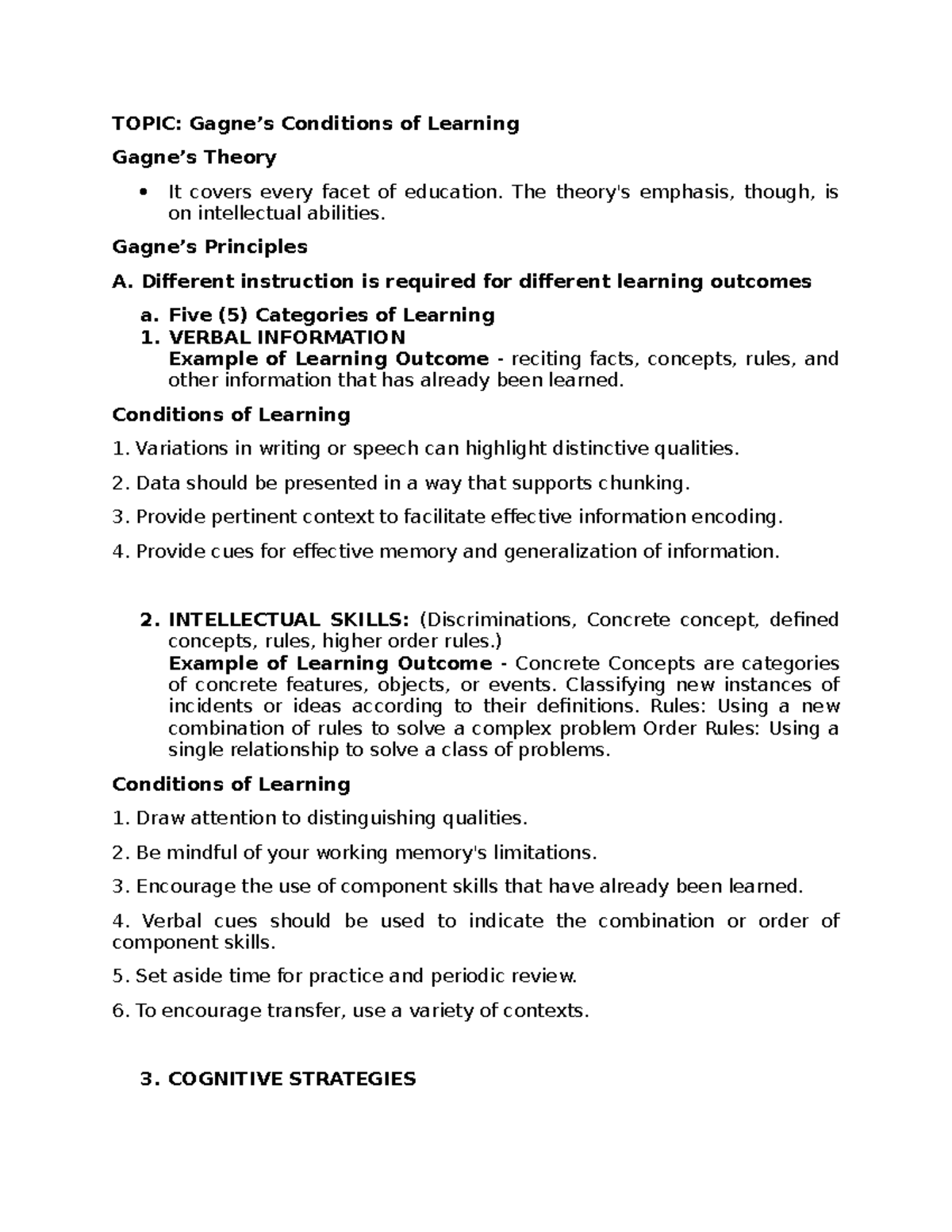 Gagne’s Conditions Of Learning - TOPIC: Gagne’s Conditions Of Learning ...