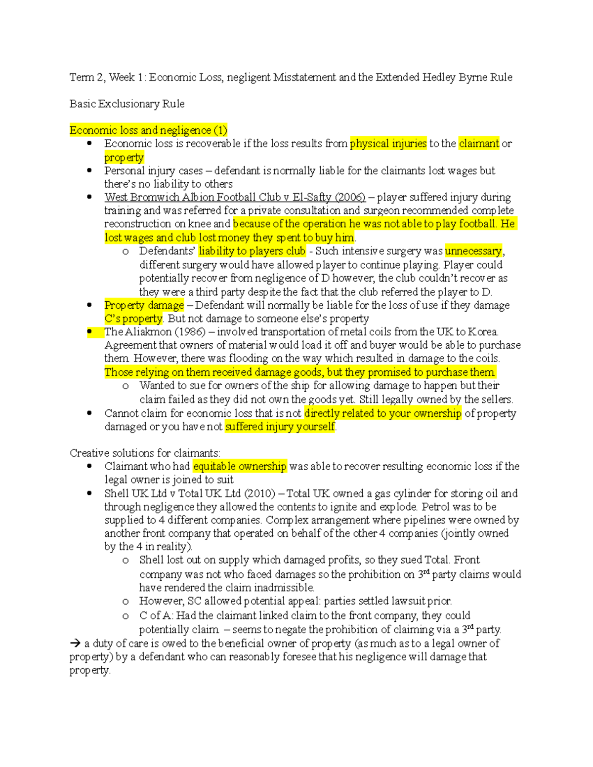 Pure Economic Loss Notes With Key Cases - Term 2, Week 1: Economic Loss ...