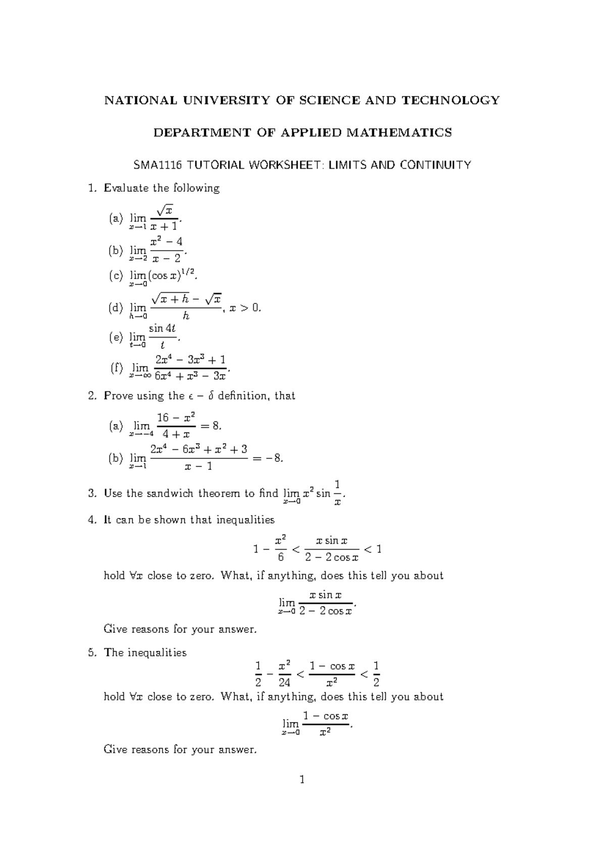 SMA1116+Tutorial+worksheet+1 - NATIONAL UNIVERSITY OF SCIENCE AND ...