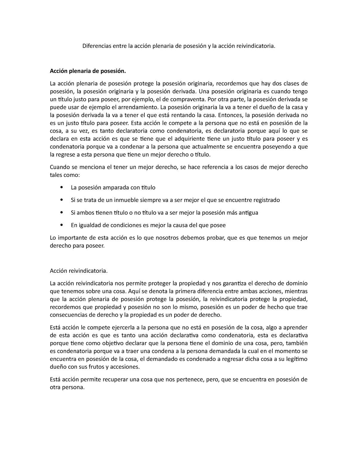 Diferencias Entre La Acción Plenaria De Posesión Y La Acción Reivindicatoria Guion Acción 8589