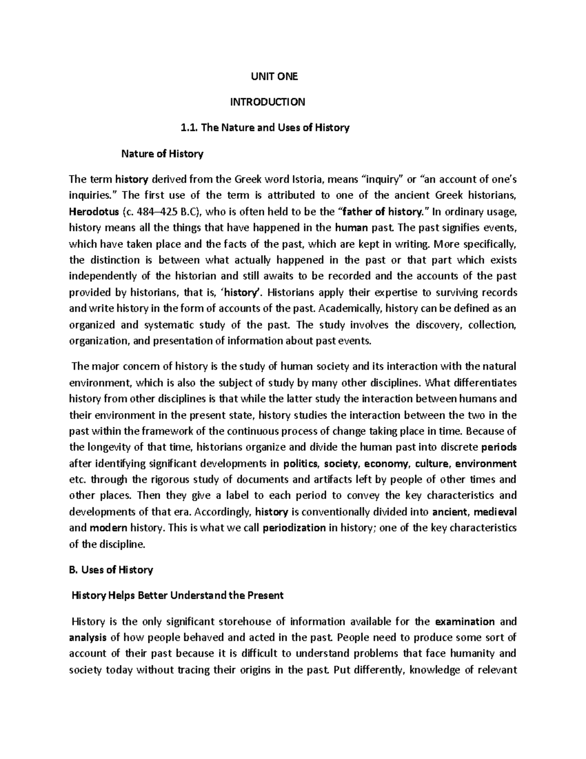 HIST Module - best - UNIT ONE INTRODUCTION 1. The Nature and Uses of ...