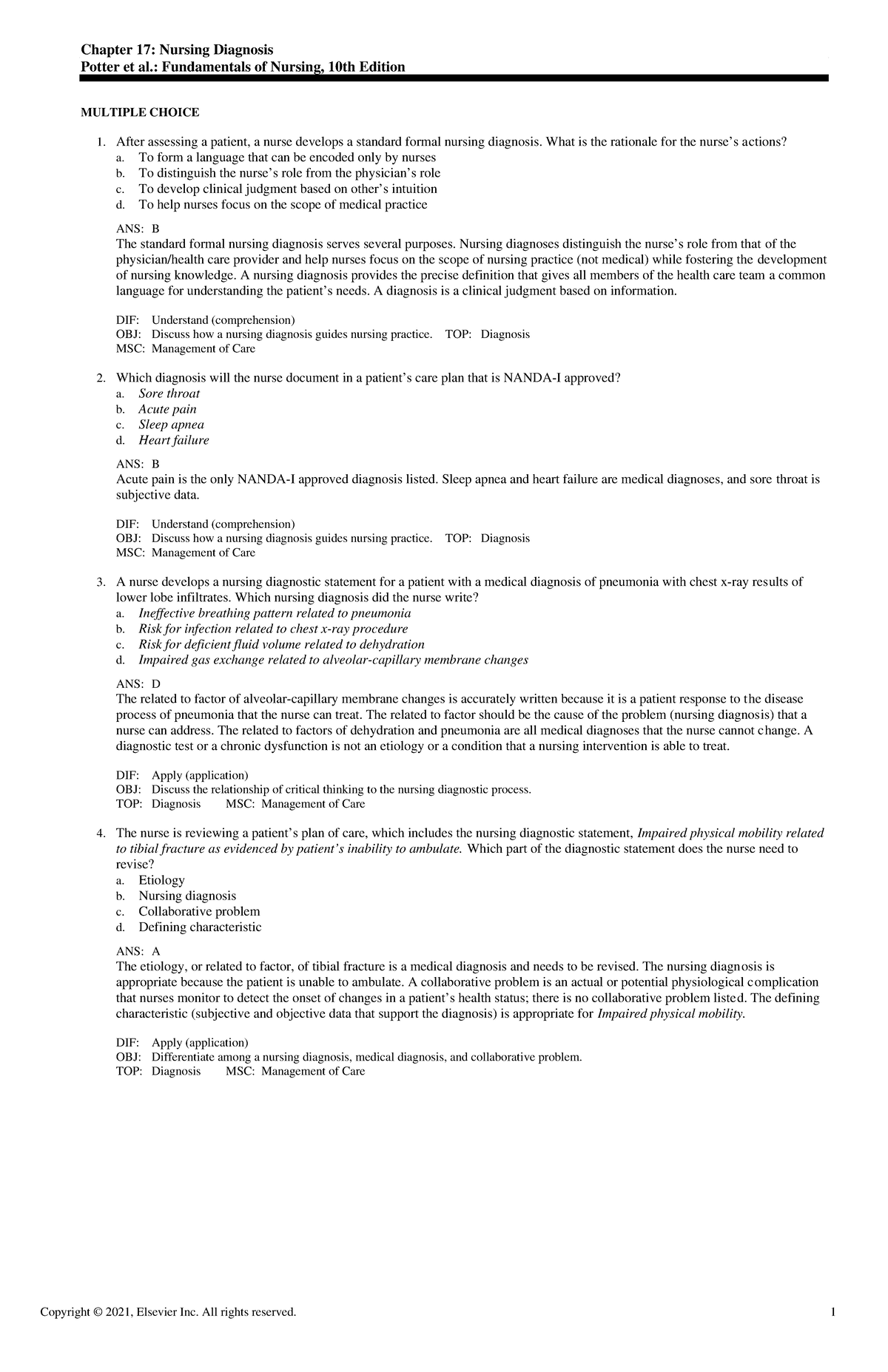 Exam View - Chapter 17 - Fundamentals of Nursing - Chapter 17: Nursing ...