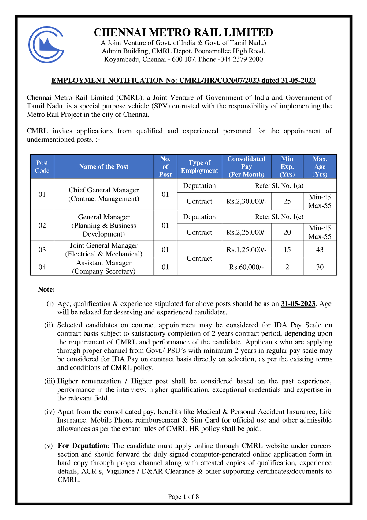 Chennai Metro Rail Limited Chennai Metro Rail Limited A Joint Venture Of Govt Of India