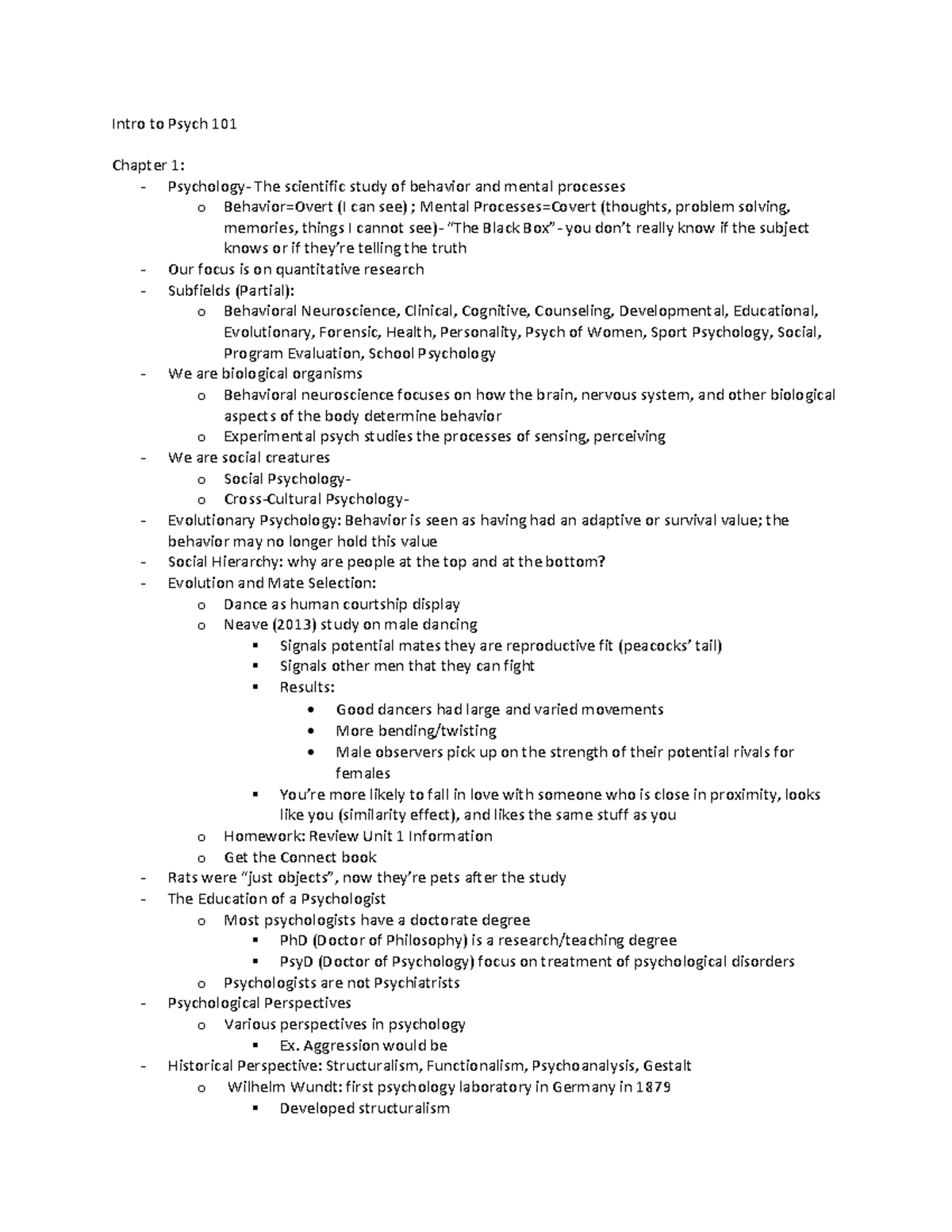 Unit One Lecture Notes From Psychology 101 - Intro To Psych 101 Chapter ...