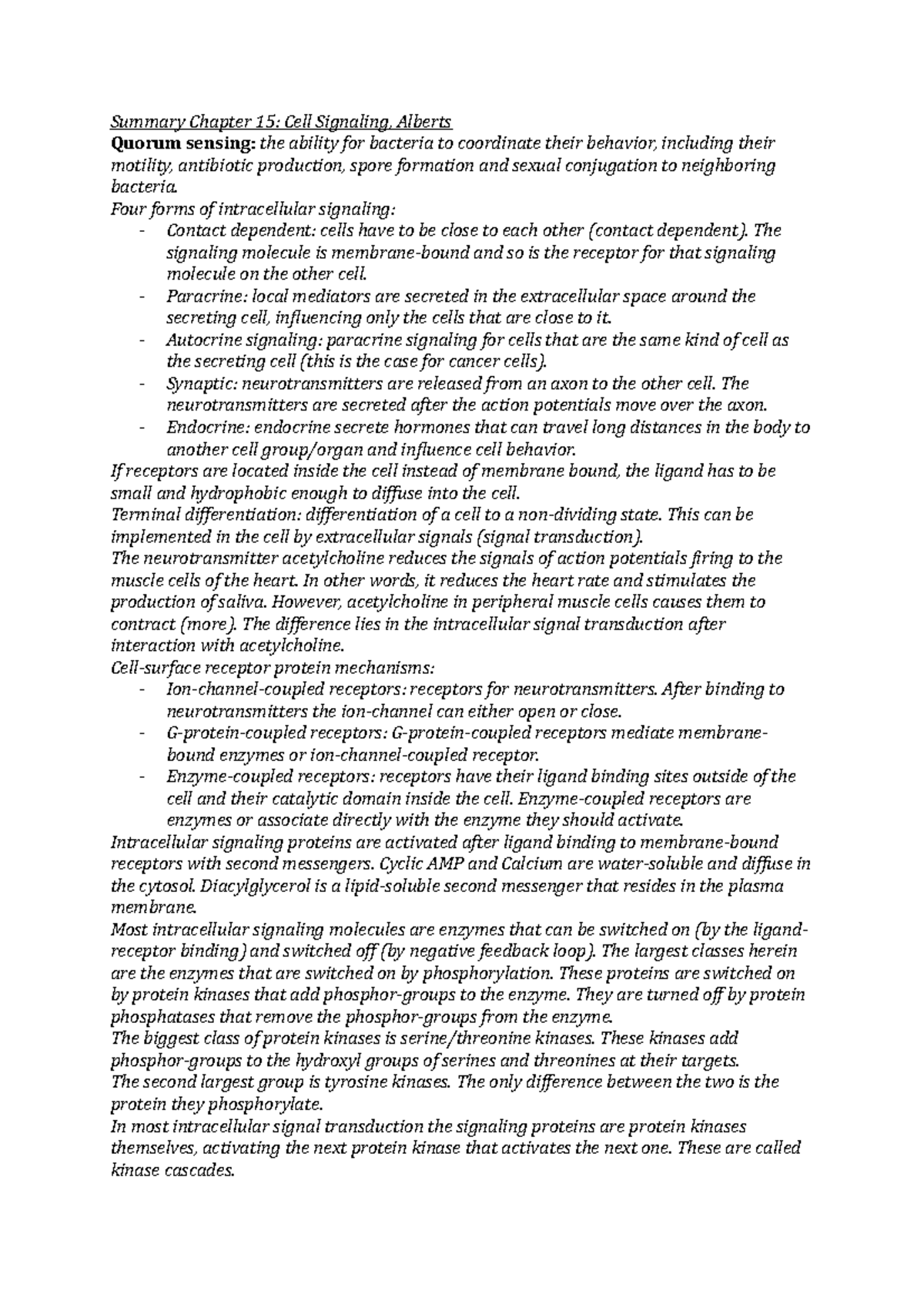 Summary Chapter 15 Alberts - Summary Chapter 15: Cell Signaling ...