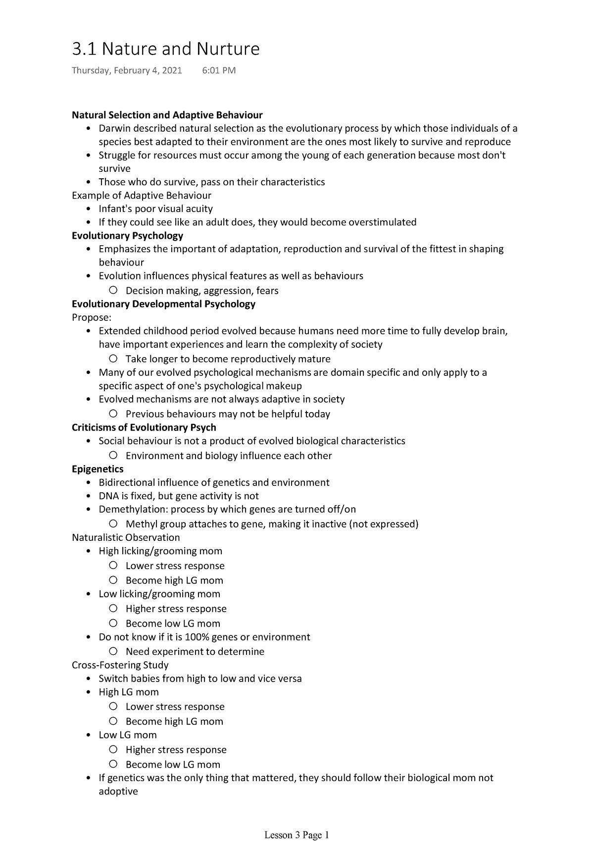 Lesson 3 - Nature and Nurture, Prenatal Development - PSYC 2P12 ...