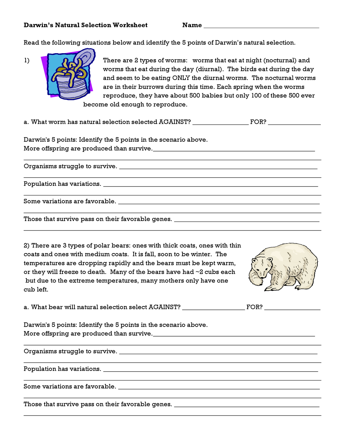 Natural Selection Wkst - Darwin’s Natural Selection Worksheet Name ...