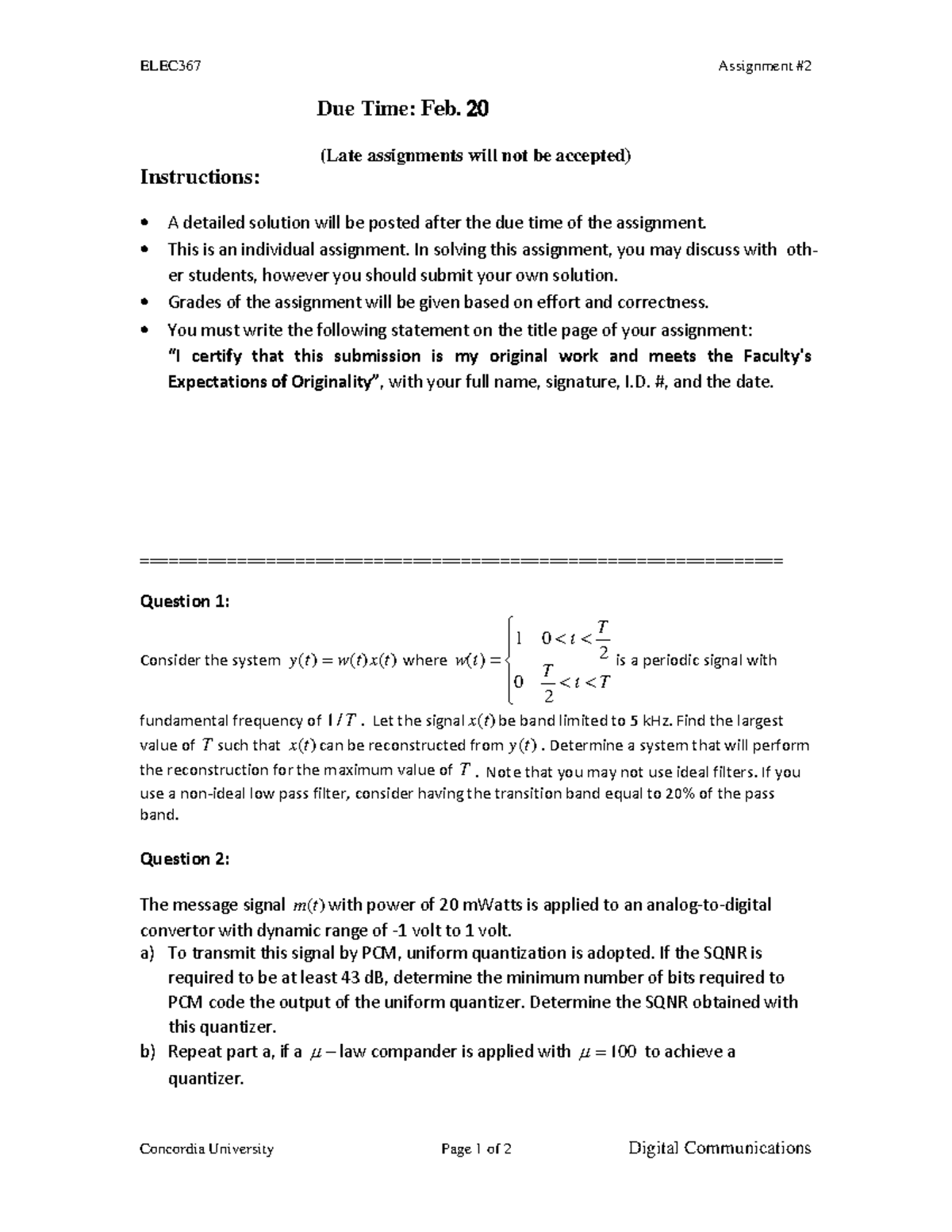 ELEC367, Assignment 2, PCM And Multiplexing - ELEC367 Assignment ...