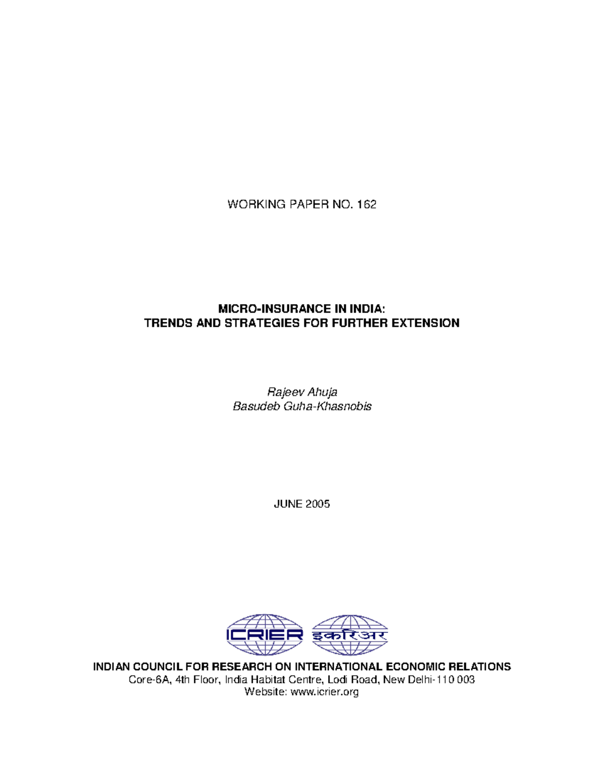 Wp162 - assignment - WORKING PAPER NO. 162 MICRO-INSURANCE IN INDIA ...