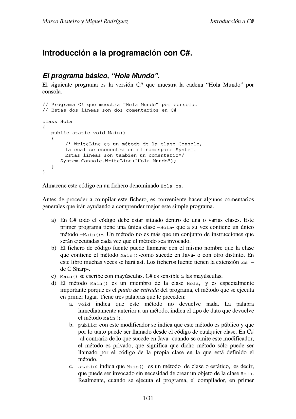 Hola Mundo Con CSharp - Libro - Introducción a la programación con C#. El  programa básico, “Hola - Studocu