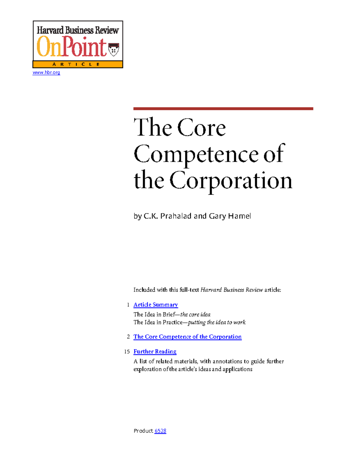 The Core Competente Prahalad And Hamel 1990 - Hbr A R T I C L E The ...