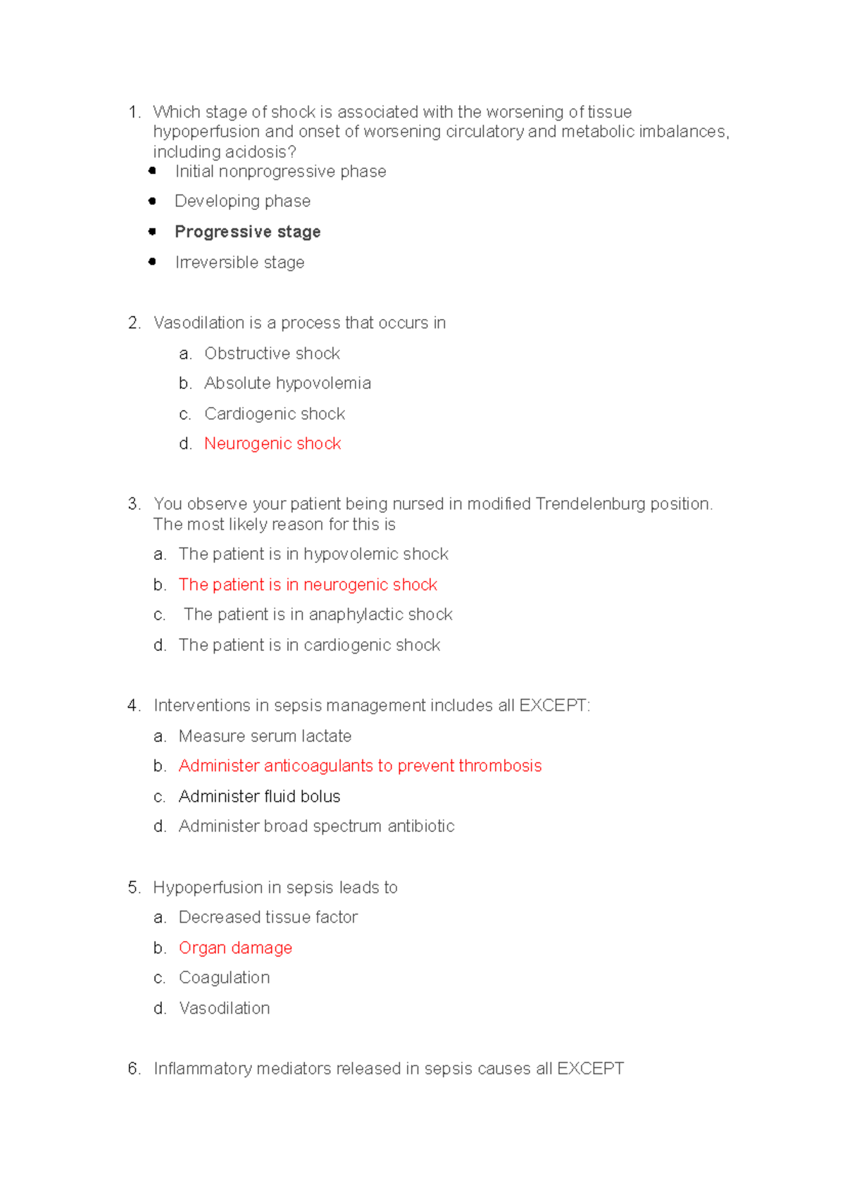 Quiz 2 Assignment Quiz for Health Variation 1. Which stage of shock
