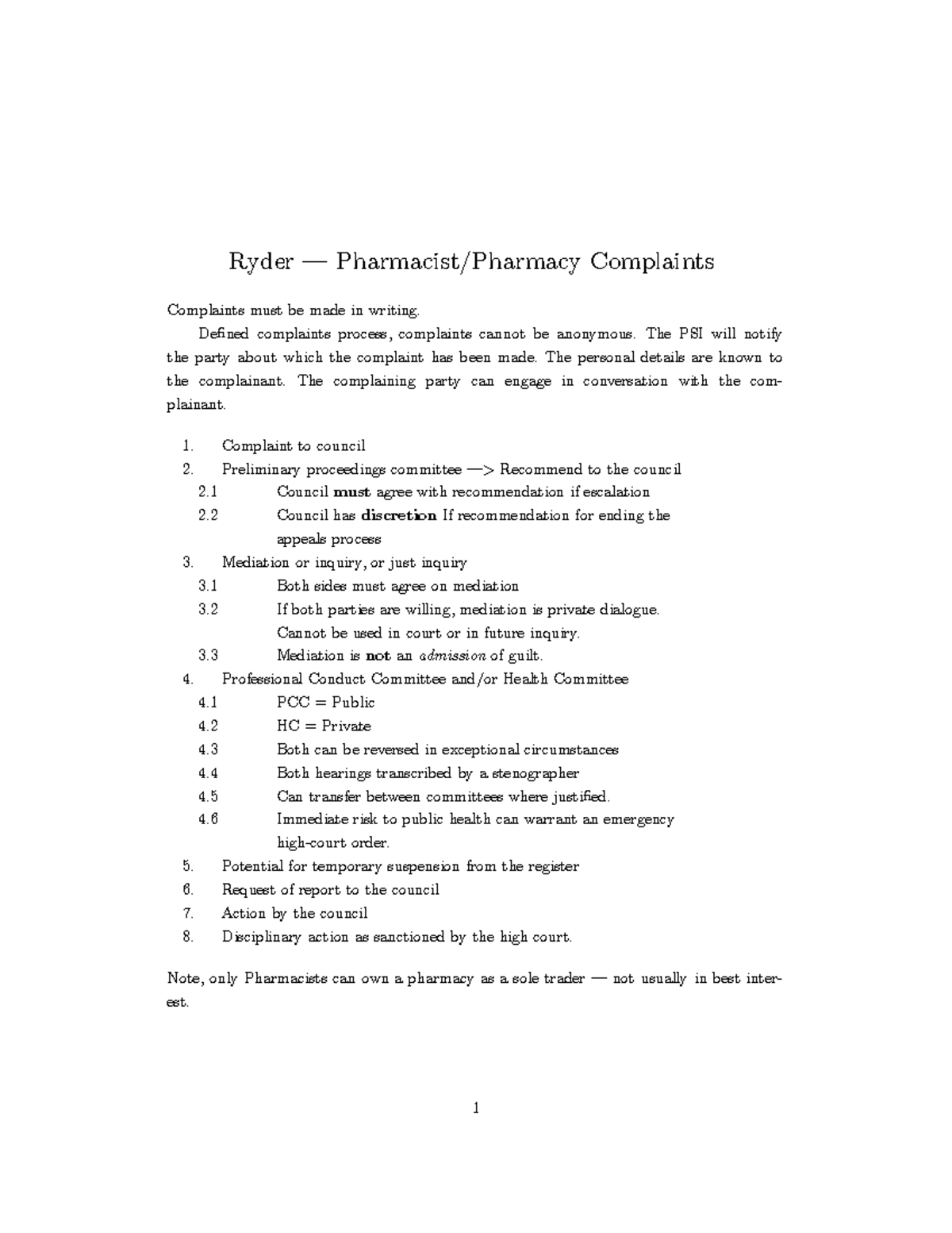 Pharmacy Complaints Ryder Complaints Complaints must be made in