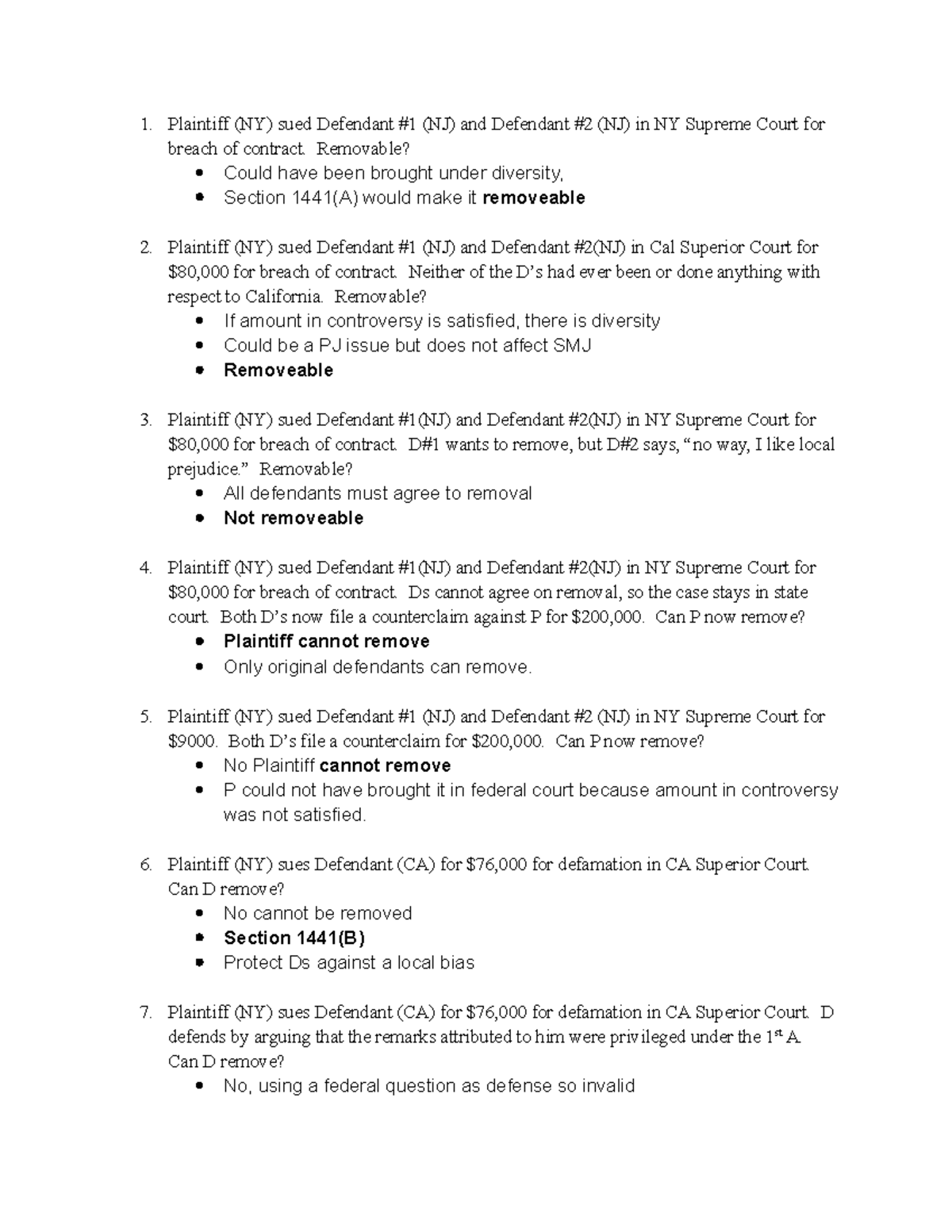 Civil Procedure Removal Hypos for Final Exam Plaintiff (NY) sued