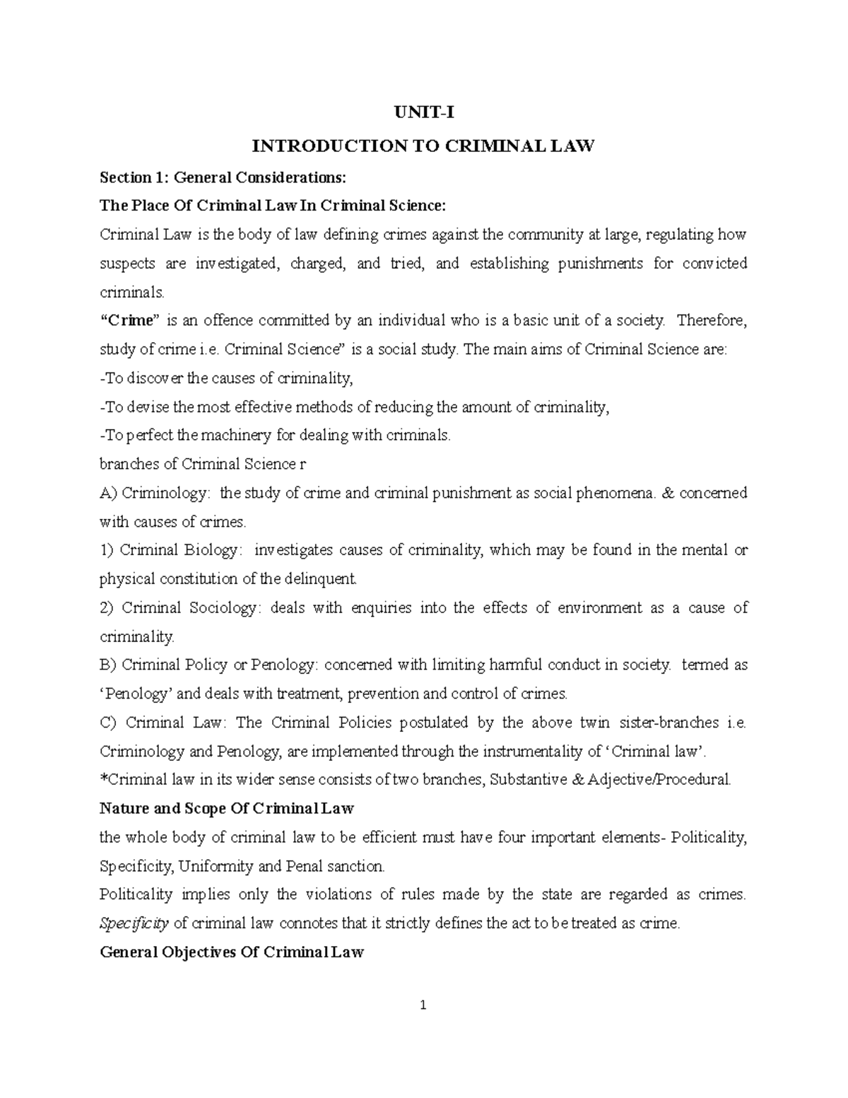 Criminal Law I Unit I Introduction To Criminal Law Section 1 General