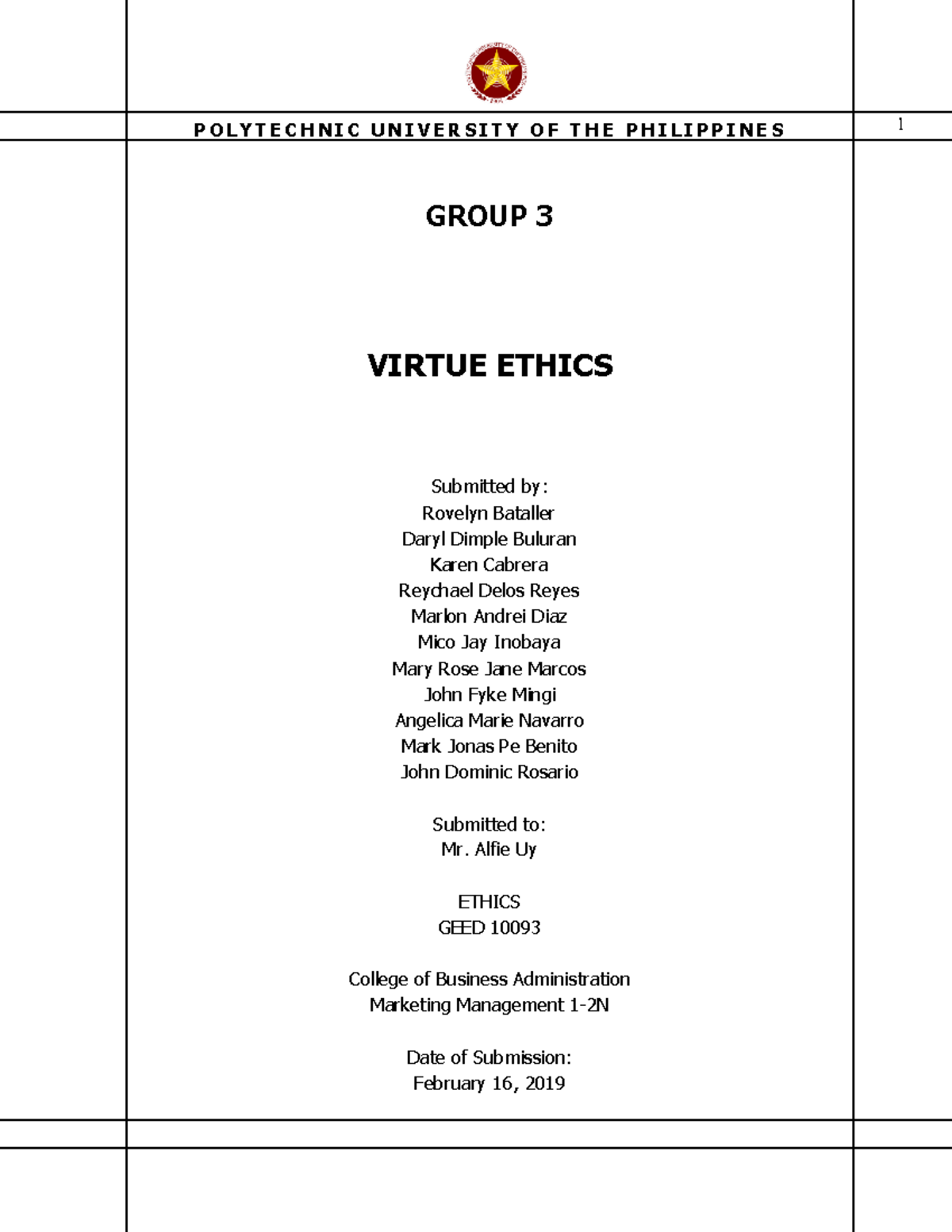 Grp. 3 Virtue- Ethics-Final - P O L Y T E C H N I C U N I V E R S I T Y ...