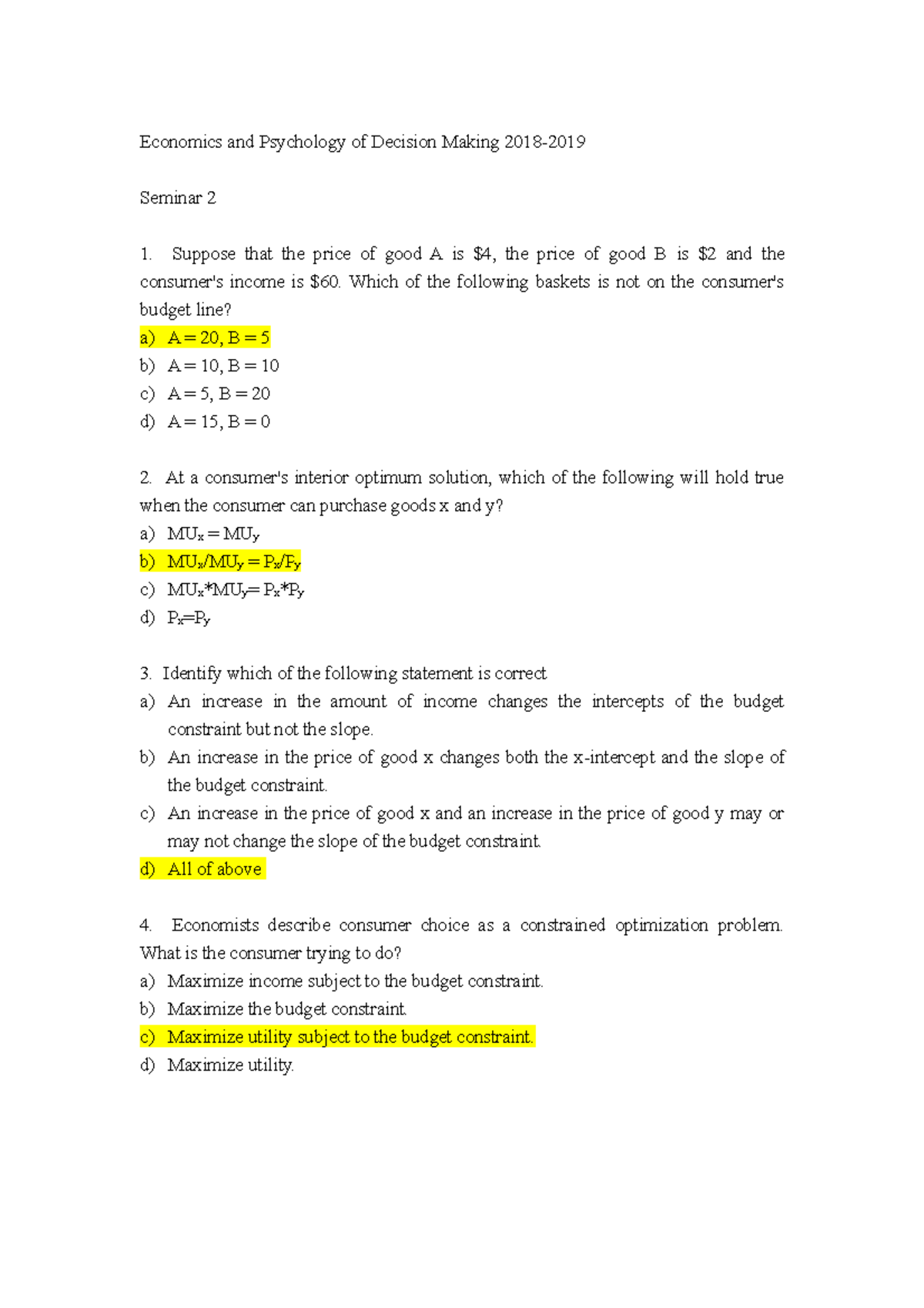 Seminar 2 - Economics - Economics and Psychology of Decision Making ...