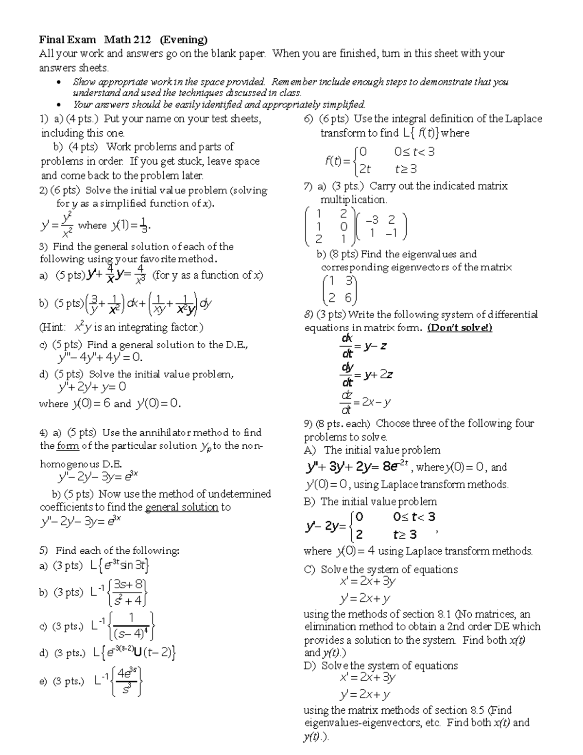 MTH 313 Final Exam - Exam Notes/Material - Final Exam Math 212 (Evening ...