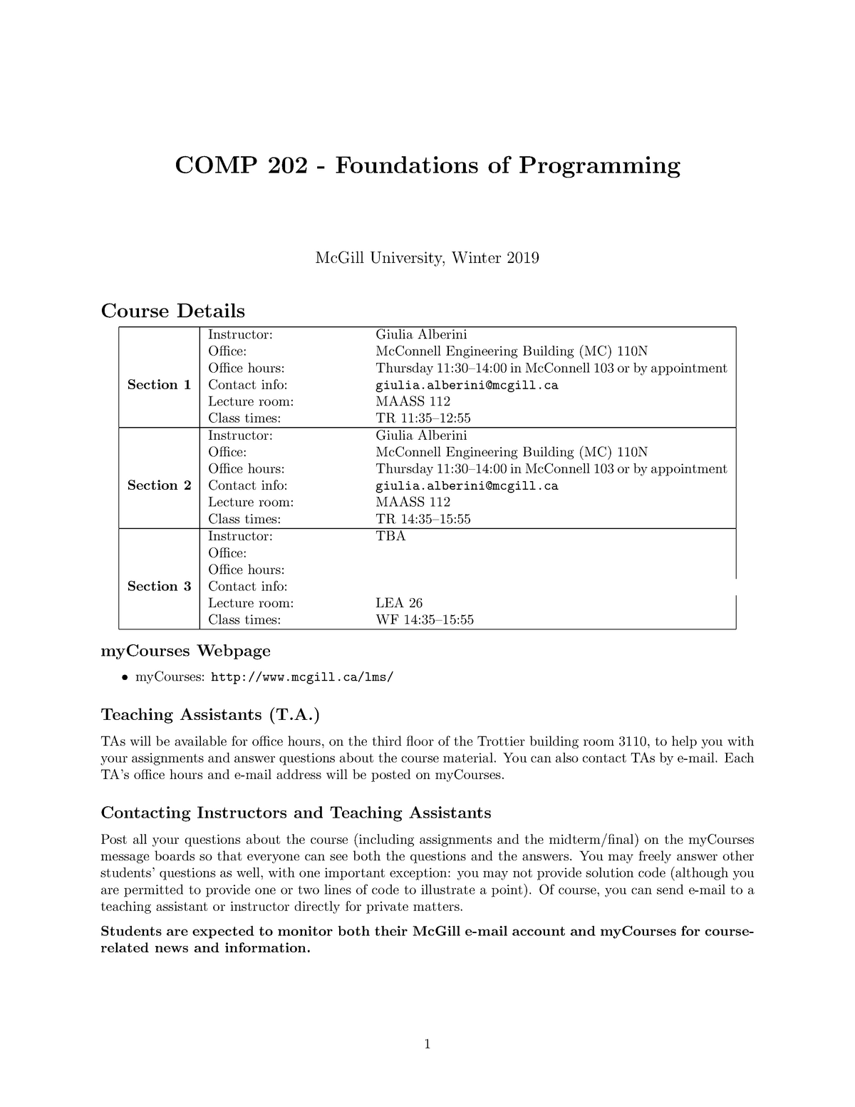 Syllabus winter 2016 - COMP 202 - Foundations of Programming